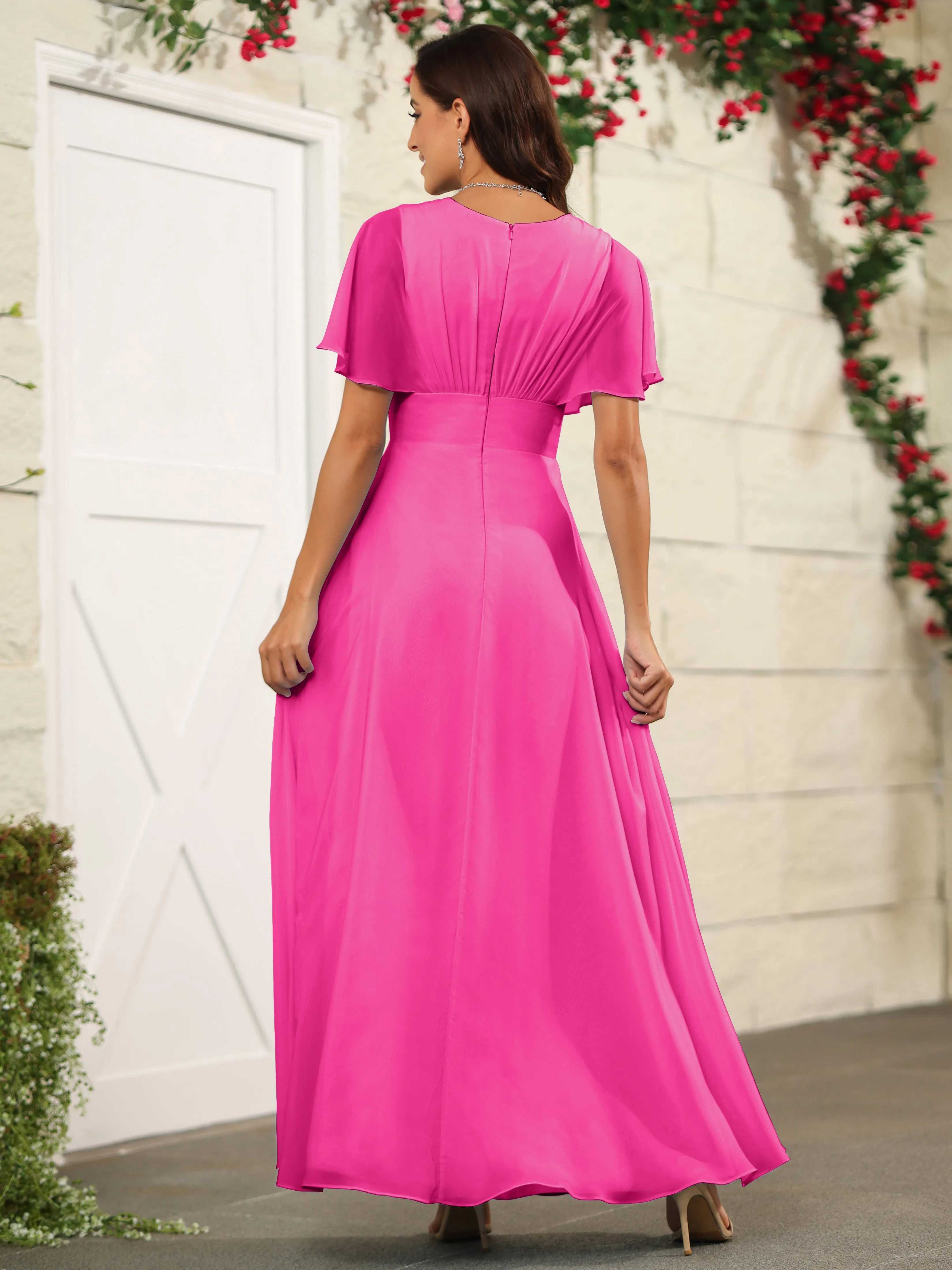 Chiffon Short Sleeves V-Neck Bridesmaid Dress with Slit