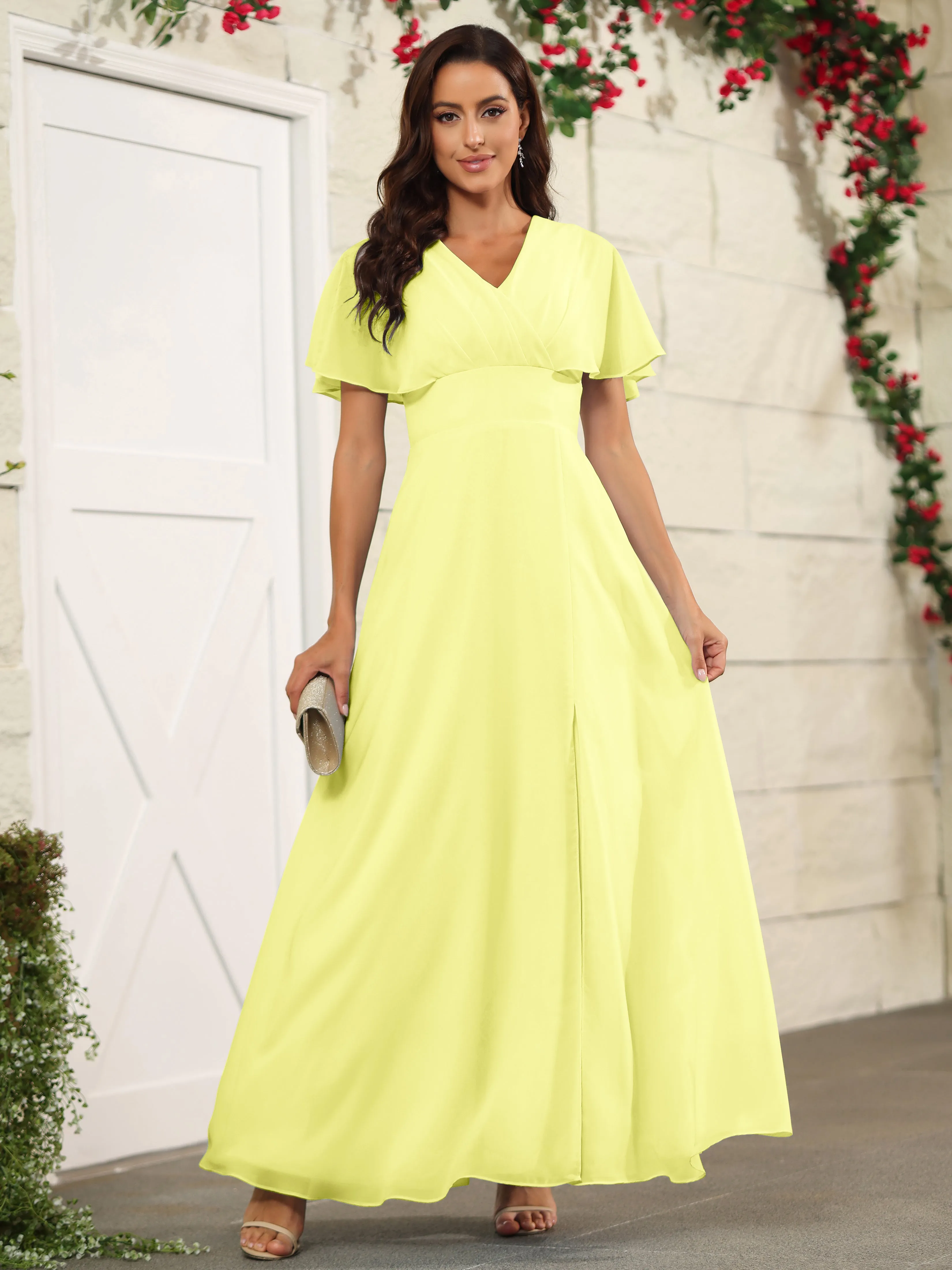 Chiffon Short Sleeves V-Neck Bridesmaid Dress with Slit