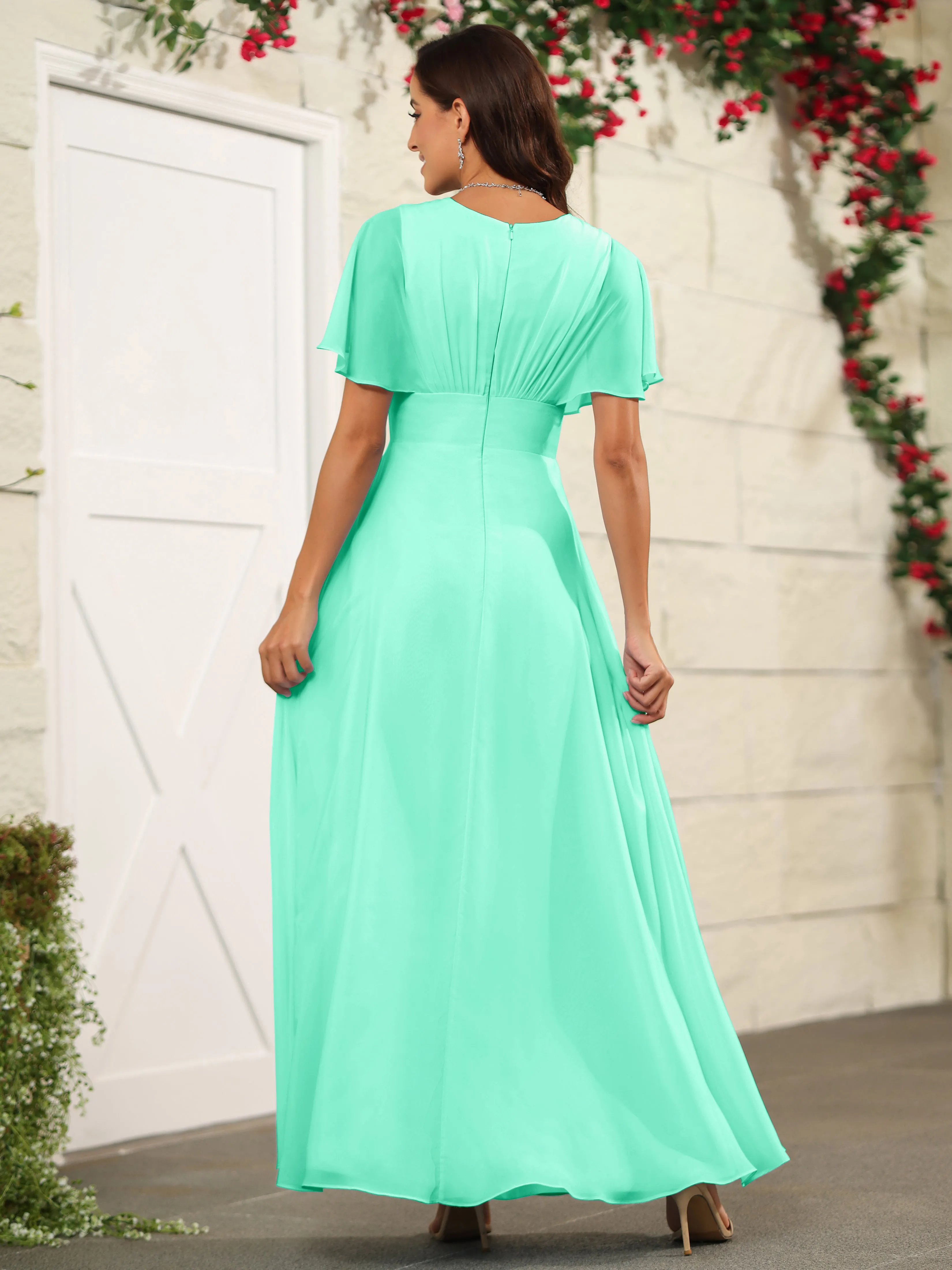 Chiffon Short Sleeves V-Neck Bridesmaid Dress with Slit