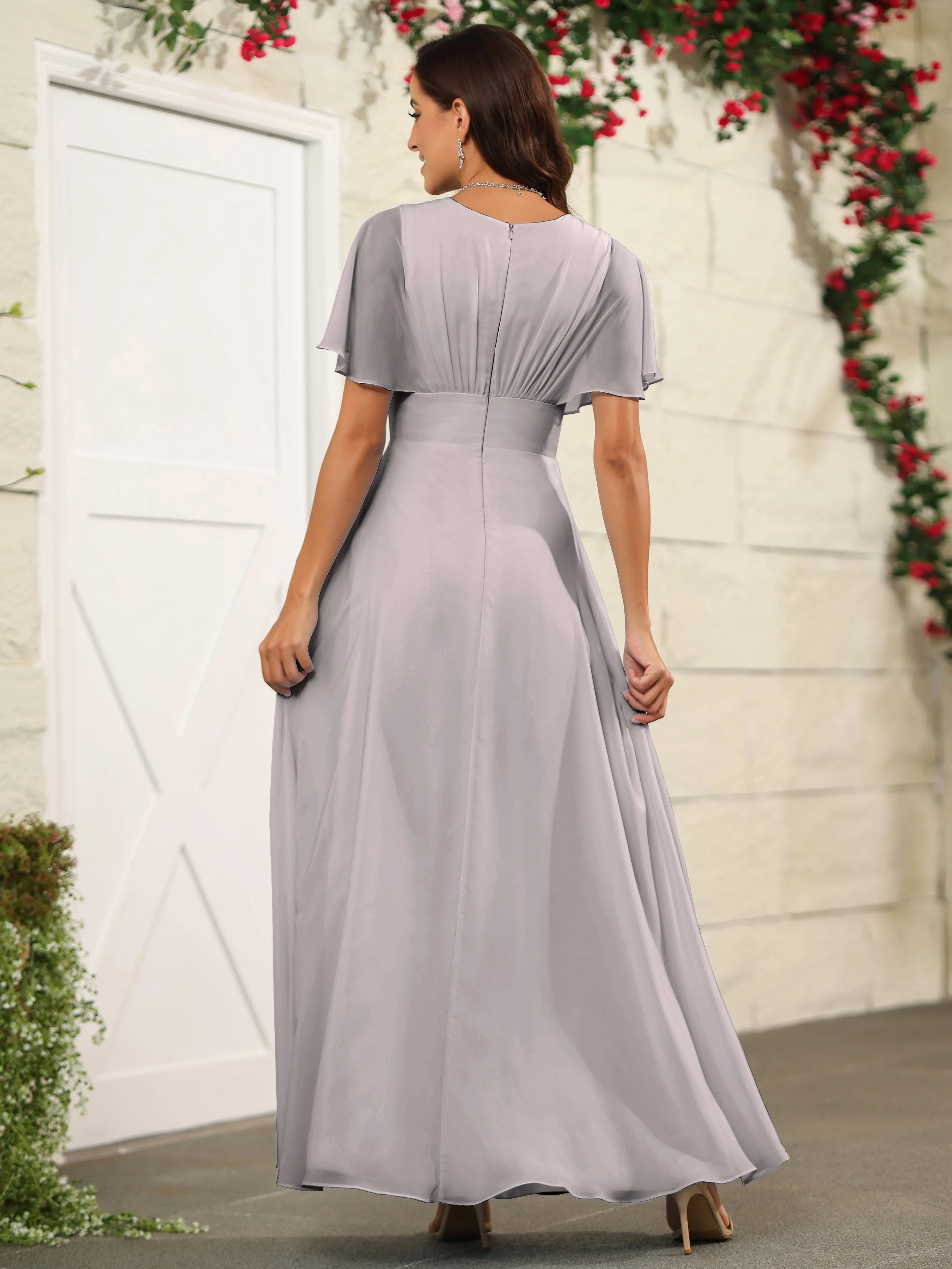 Chiffon Short Sleeves V-Neck Bridesmaid Dress with Slit