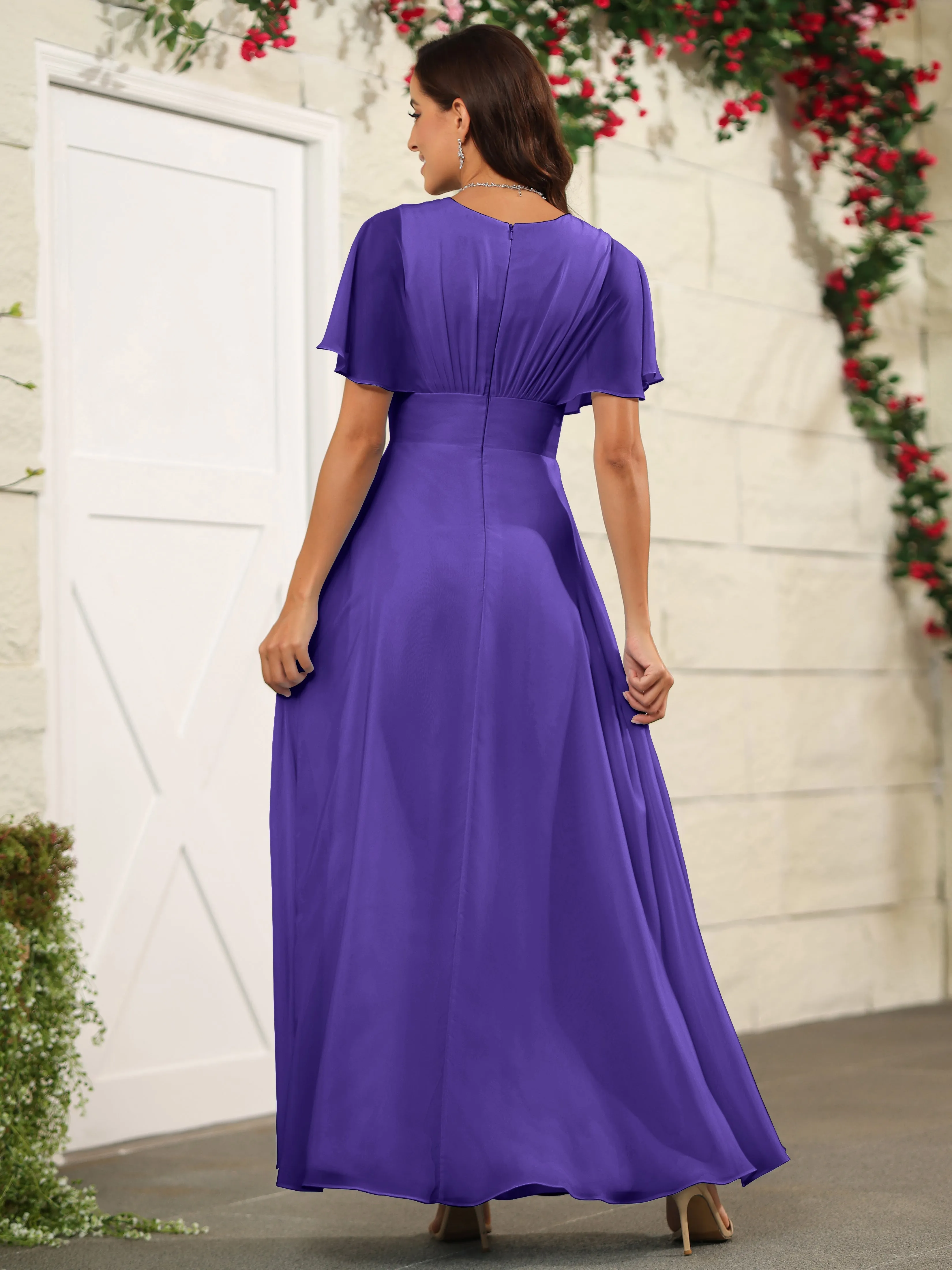 Chiffon Short Sleeves V-Neck Bridesmaid Dress with Slit
