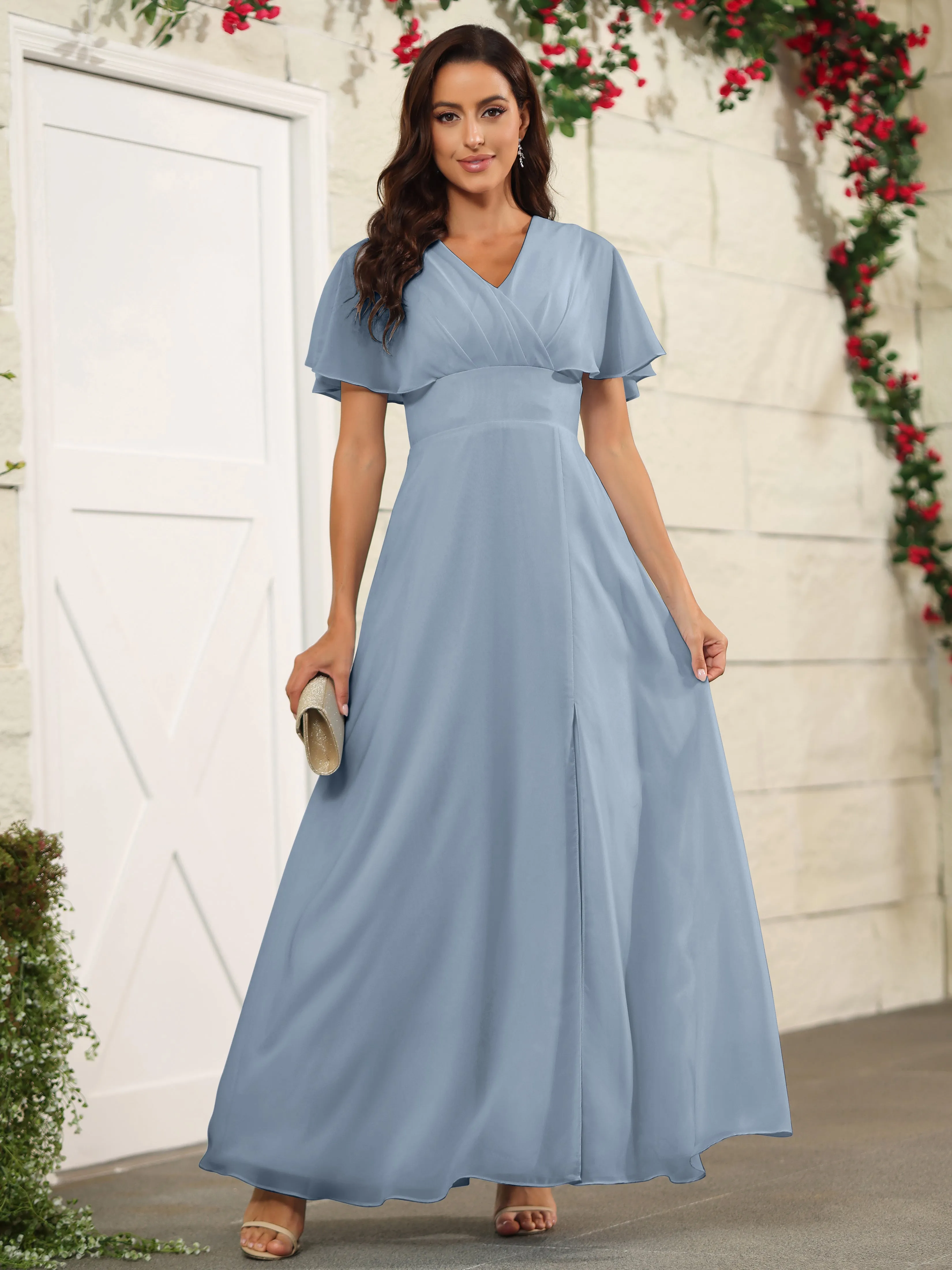 Chiffon Short Sleeves V-Neck Bridesmaid Dress with Slit