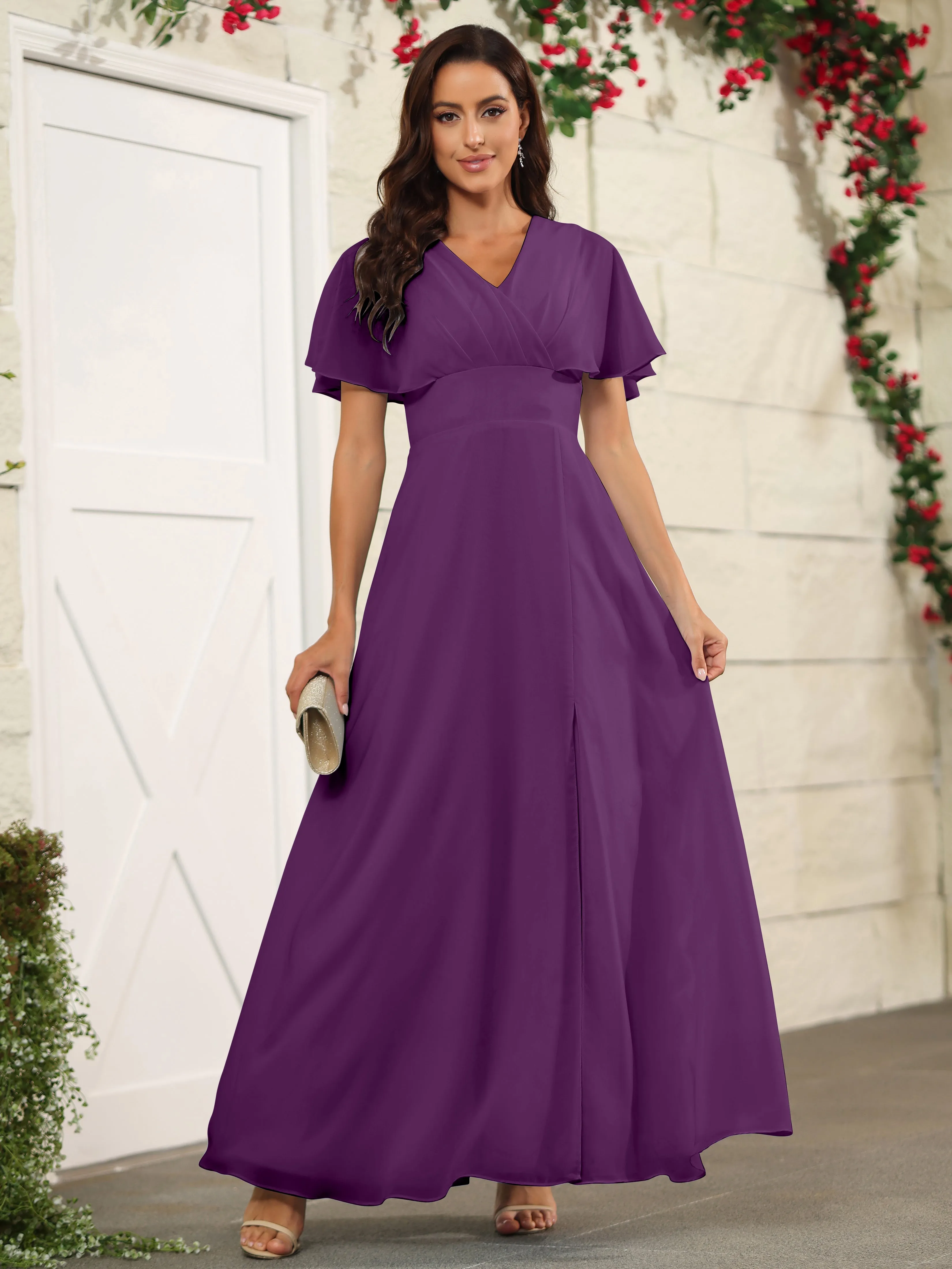 Chiffon Short Sleeves V-Neck Bridesmaid Dress with Slit
