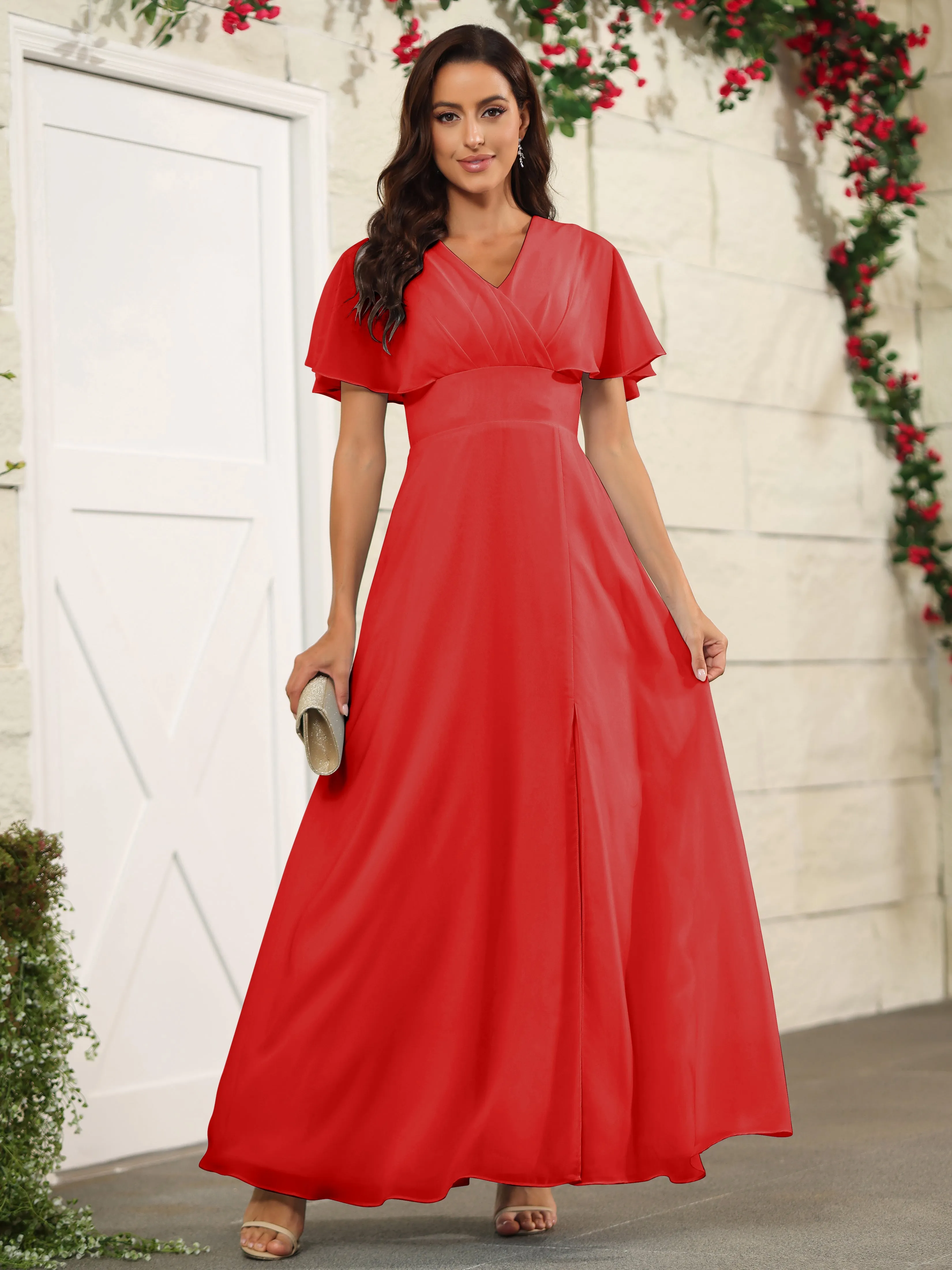 Chiffon Short Sleeves V-Neck Bridesmaid Dress with Slit