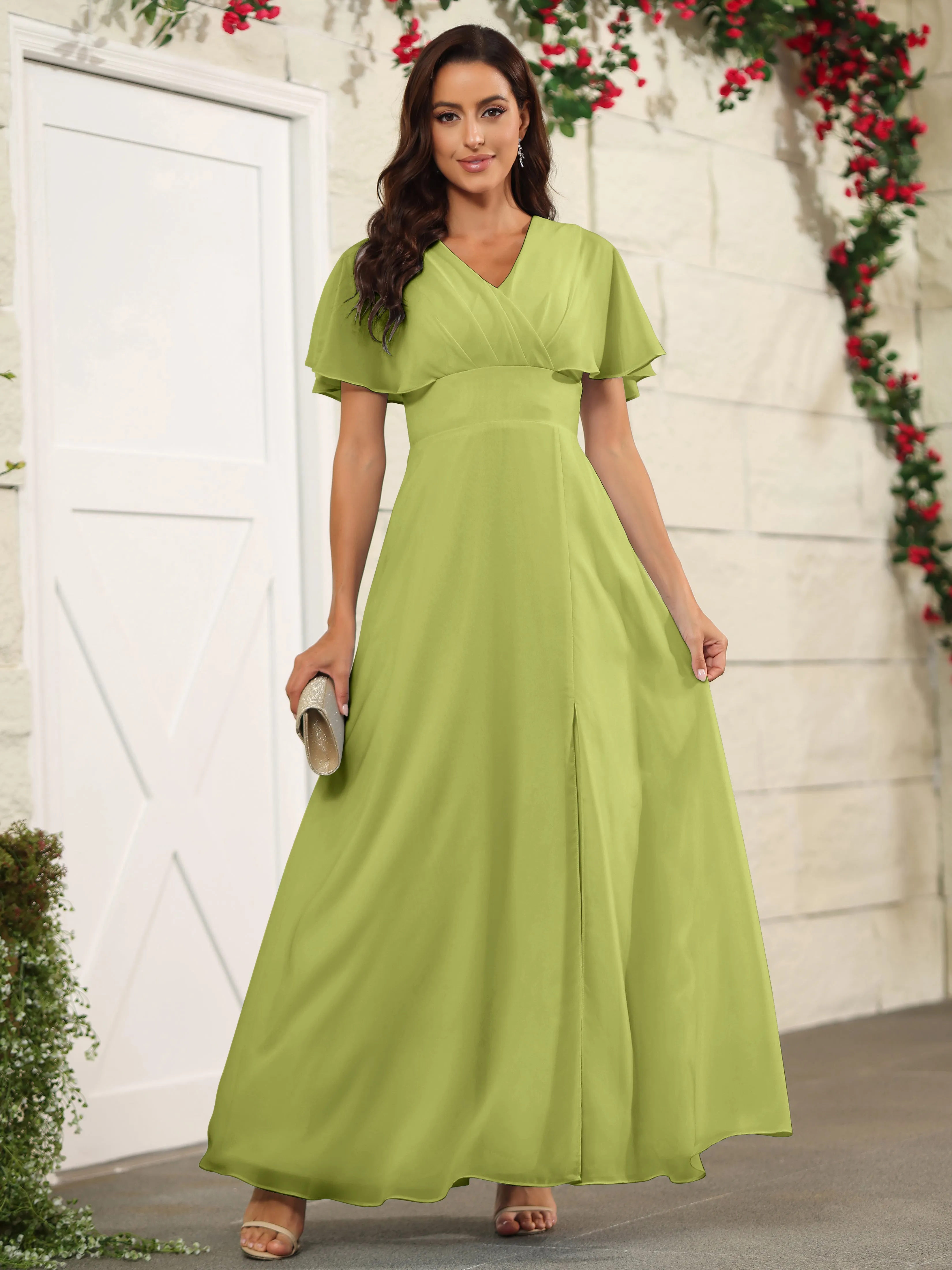 Chiffon Short Sleeves V-Neck Bridesmaid Dress with Slit