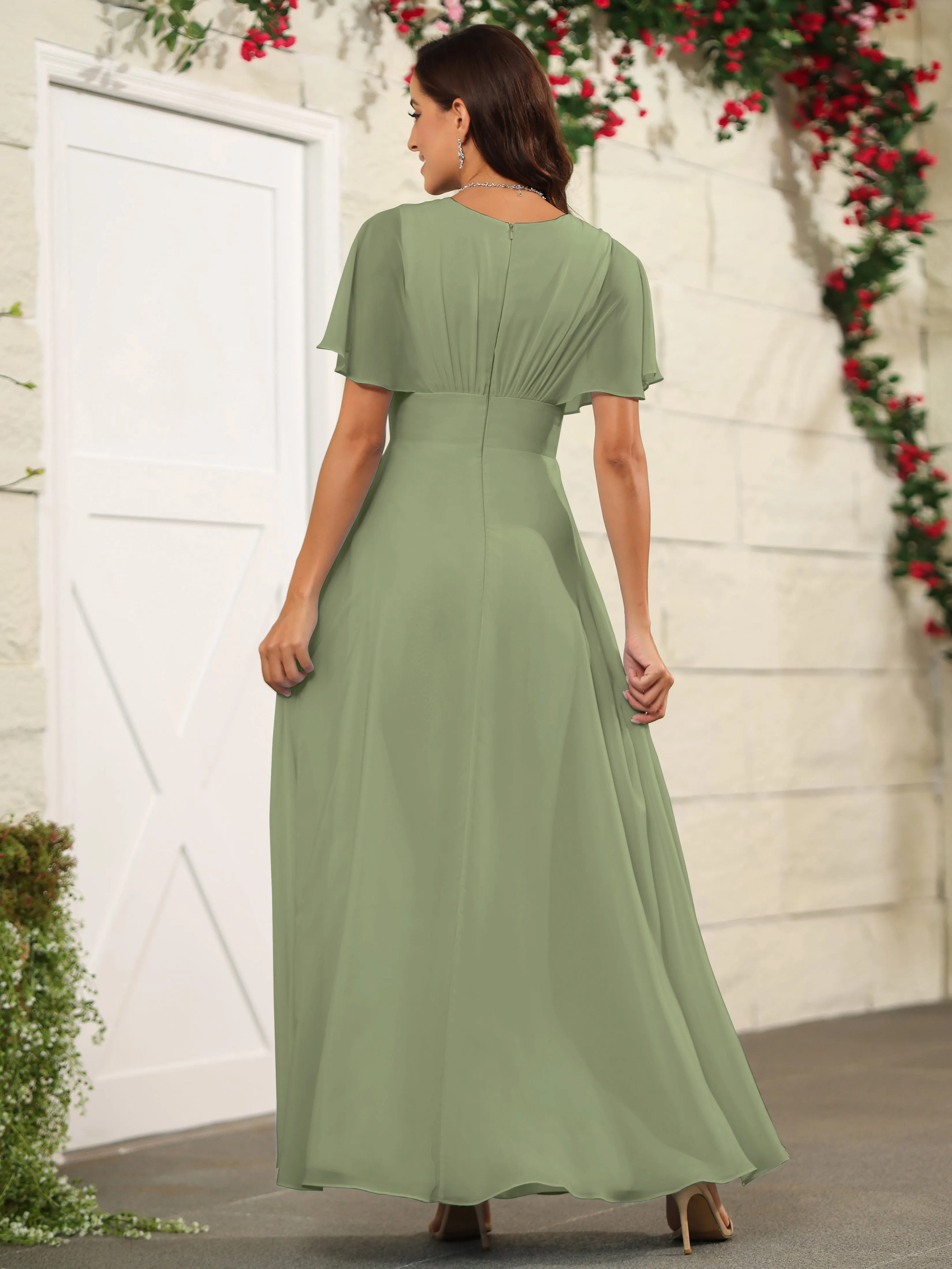 Chiffon Short Sleeves V-Neck Bridesmaid Dress with Slit