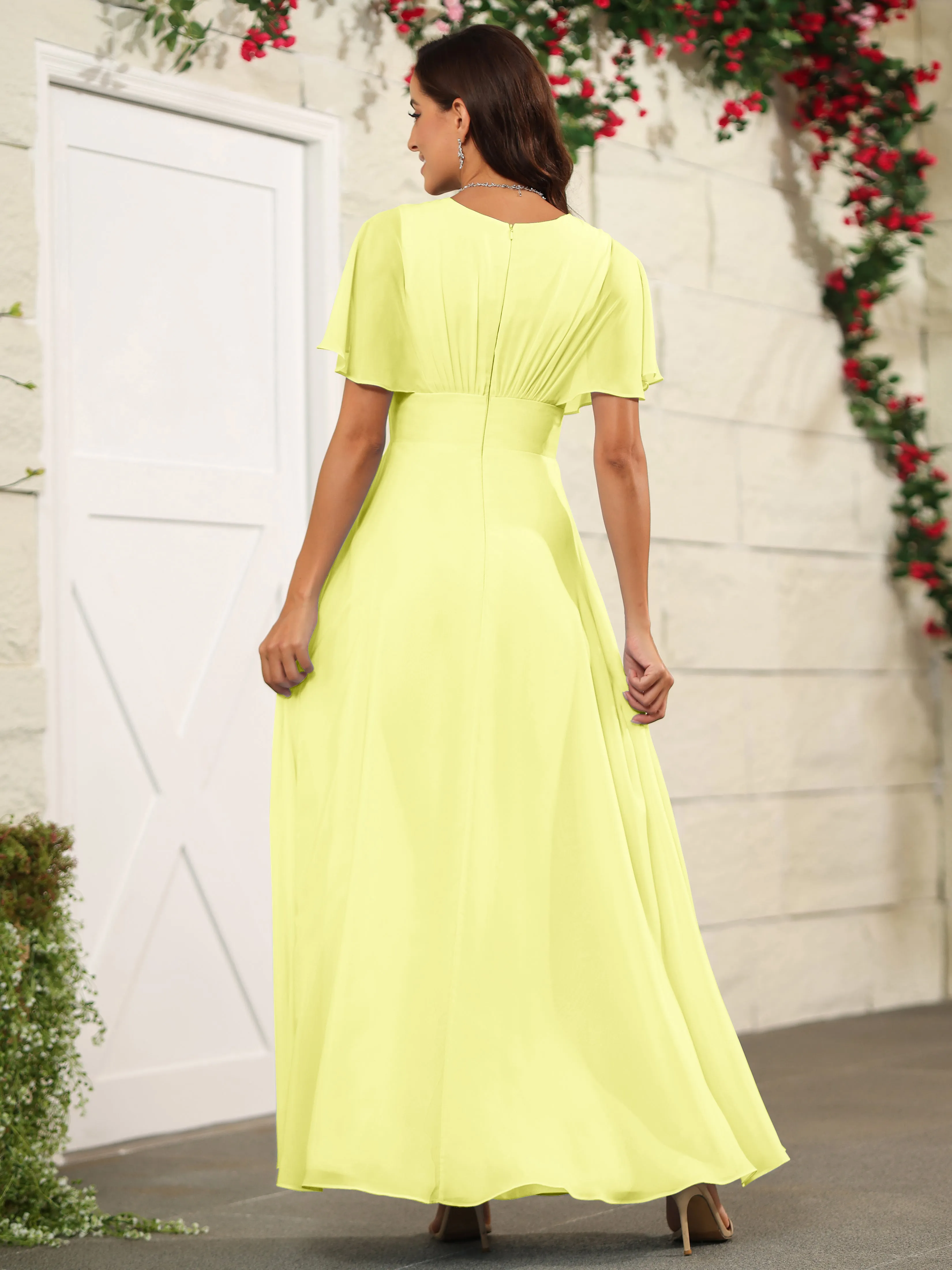 Chiffon Short Sleeves V-Neck Bridesmaid Dress with Slit