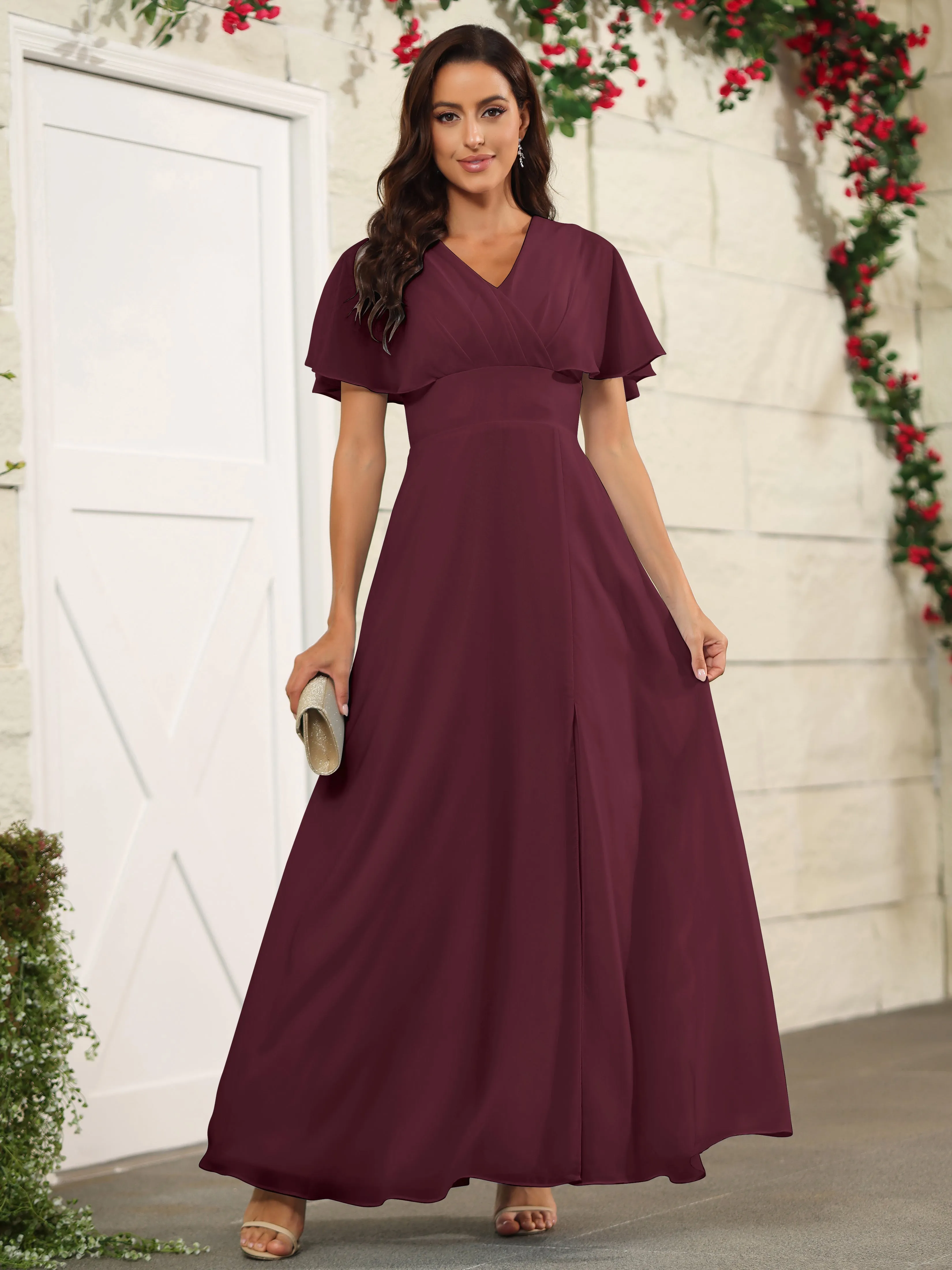 Chiffon Short Sleeves V-Neck Bridesmaid Dress with Slit
