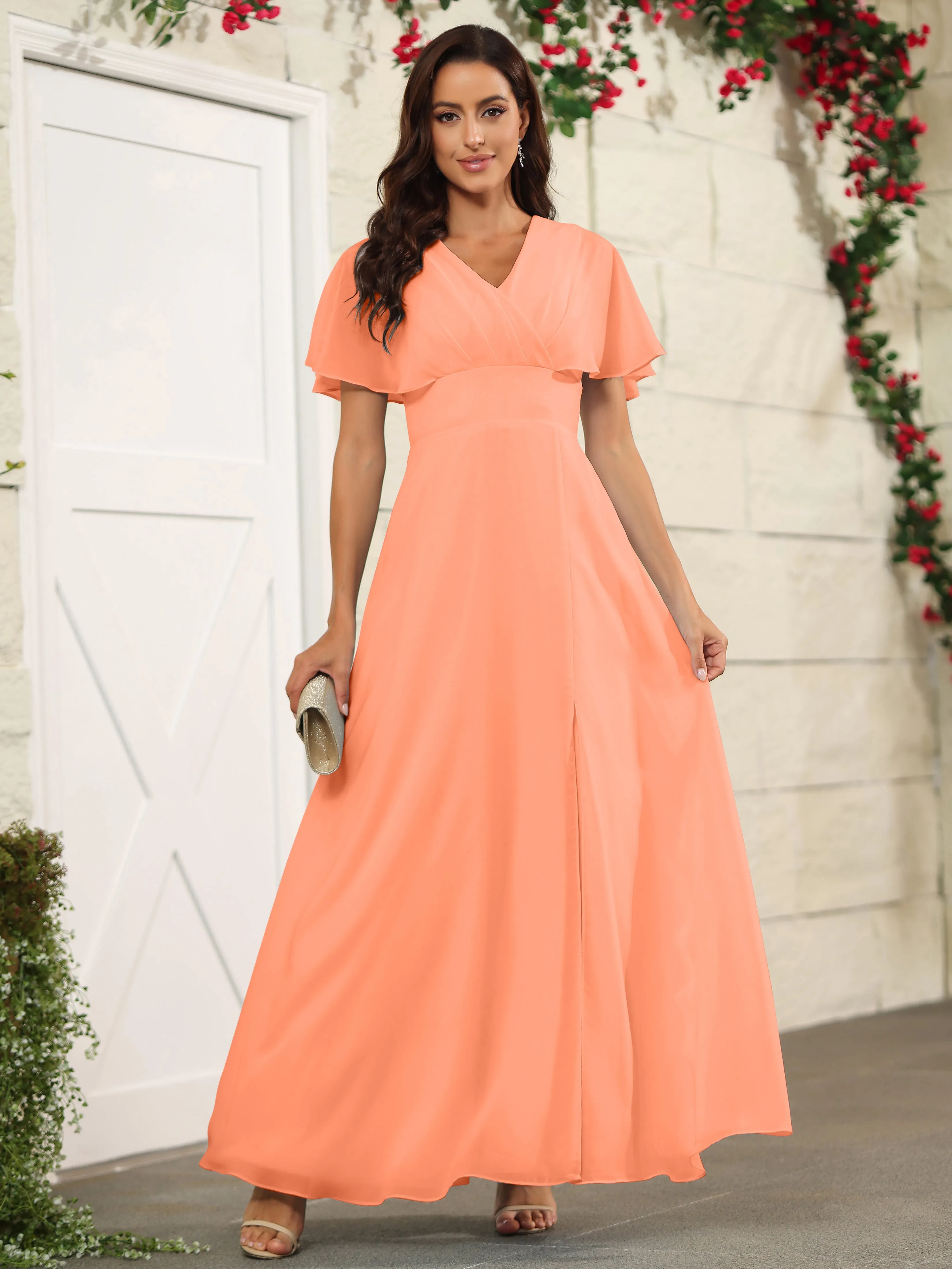 Chiffon Short Sleeves V-Neck Bridesmaid Dress with Slit