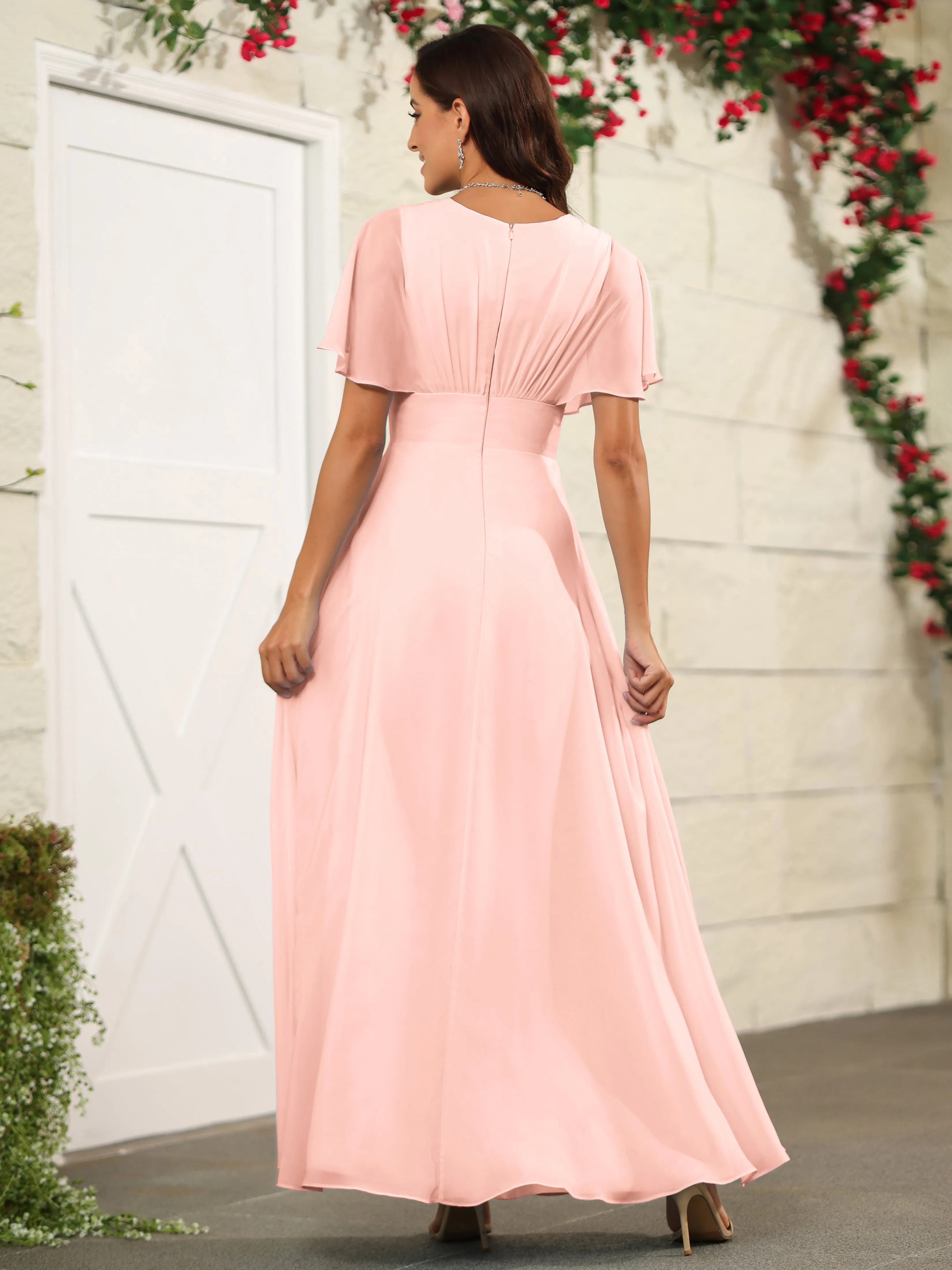 Chiffon Short Sleeves V-Neck Bridesmaid Dress with Slit