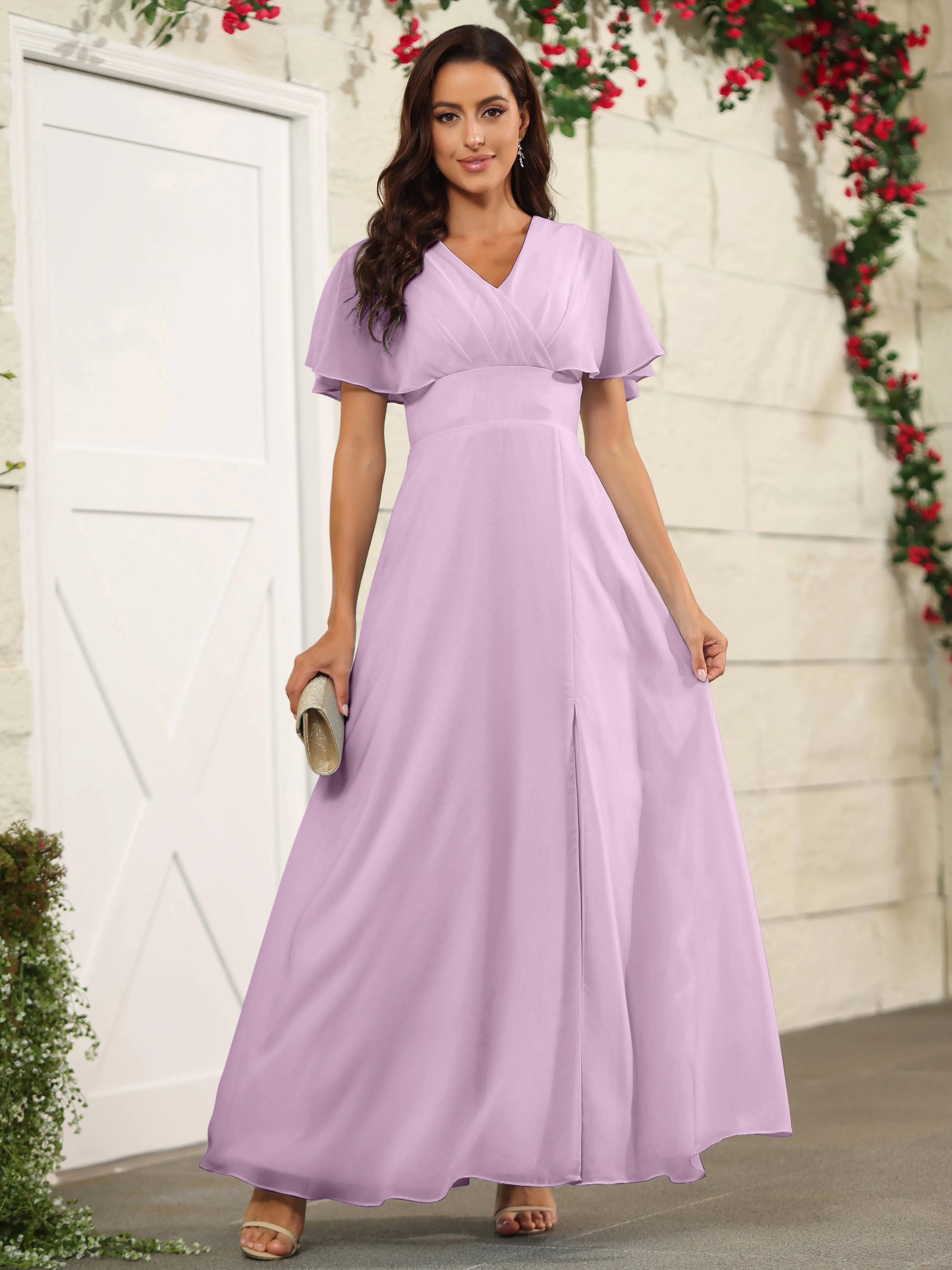 Chiffon Short Sleeves V-Neck Bridesmaid Dress with Slit