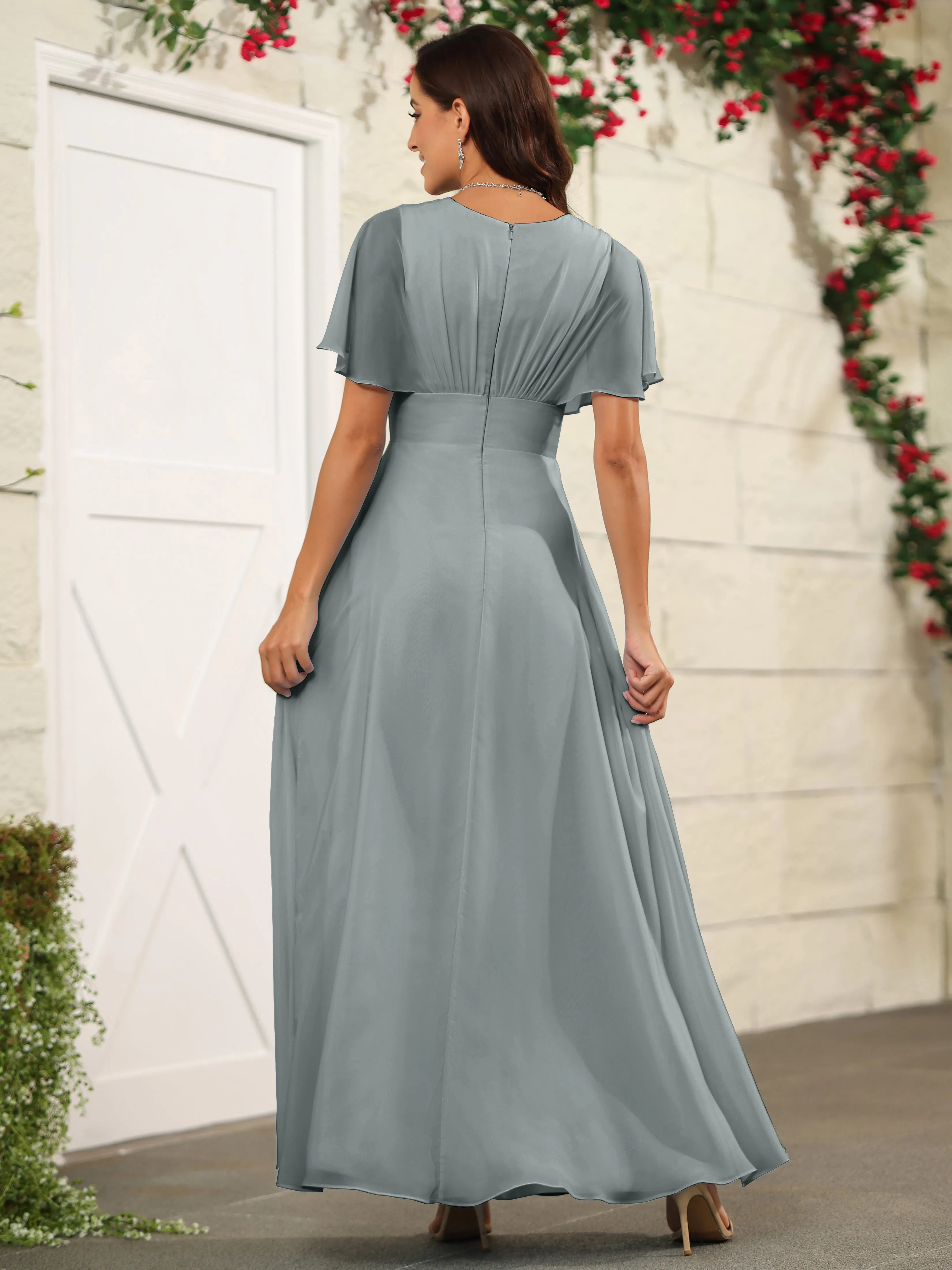 Chiffon Short Sleeves V-Neck Bridesmaid Dress with Slit