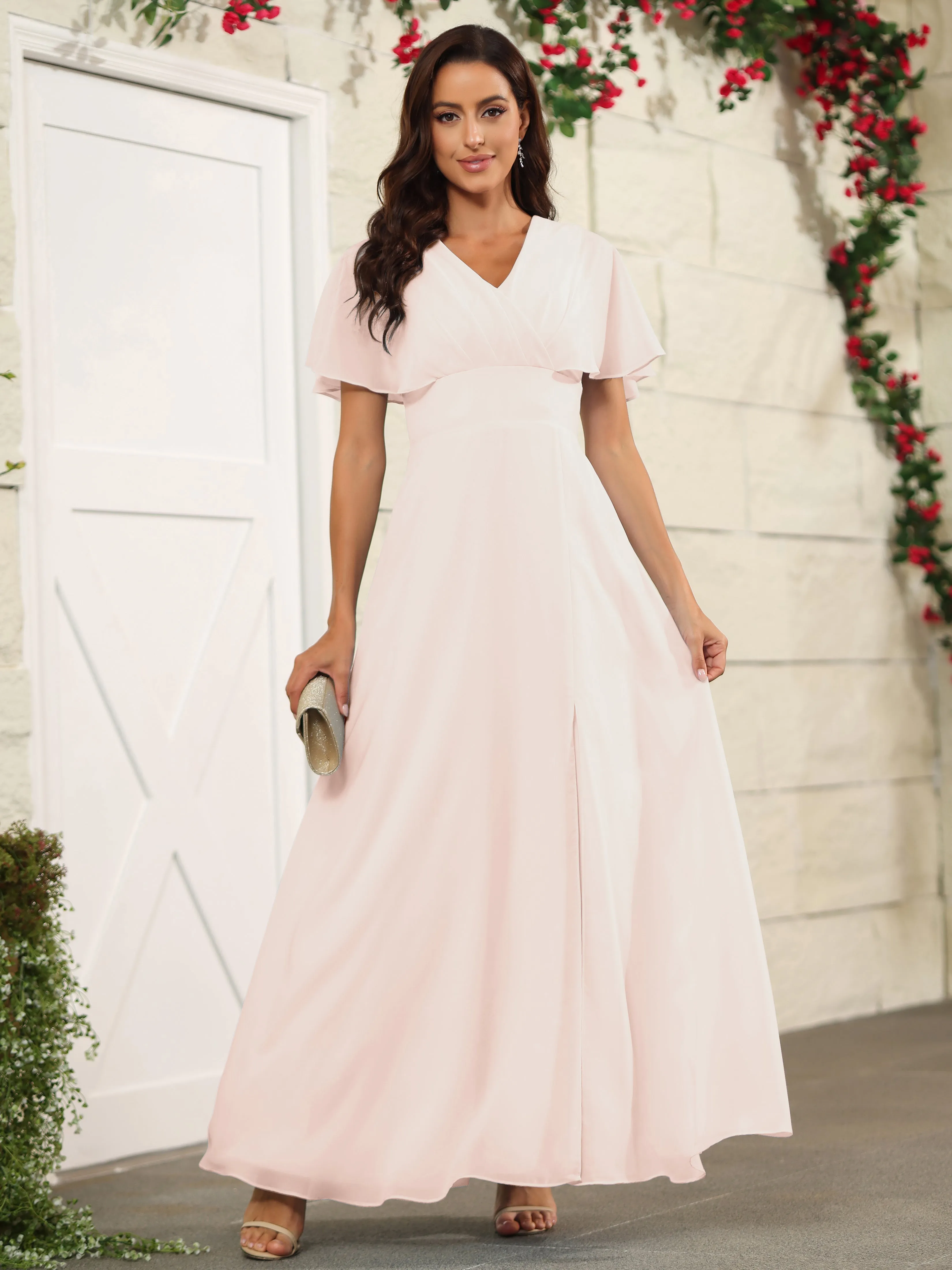 Chiffon Short Sleeves V-Neck Bridesmaid Dress with Slit