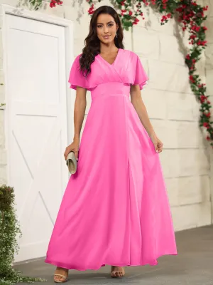 Chiffon Short Sleeves V-Neck Bridesmaid Dress with Slit