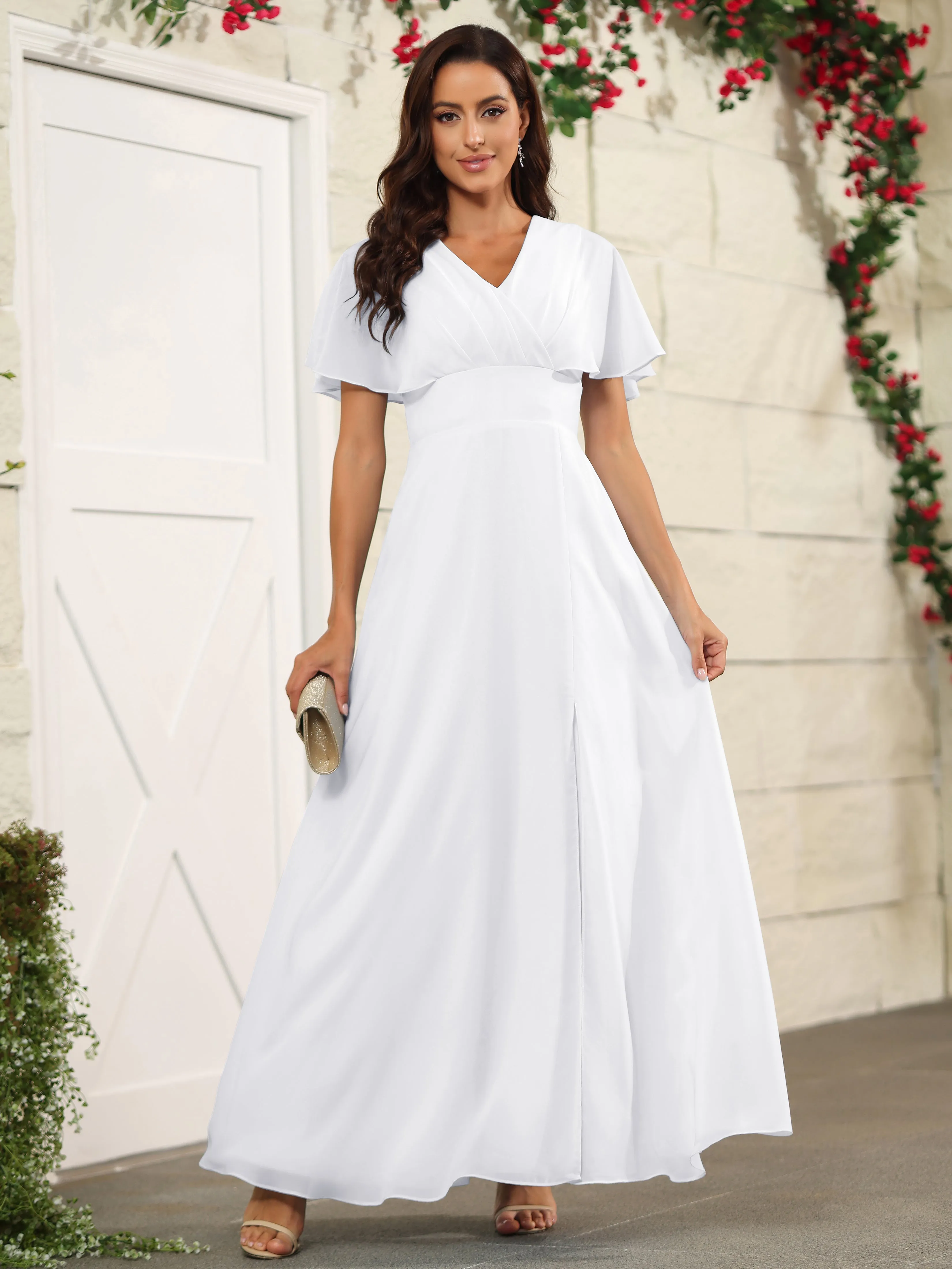 Chiffon Short Sleeves V-Neck Bridesmaid Dress with Slit