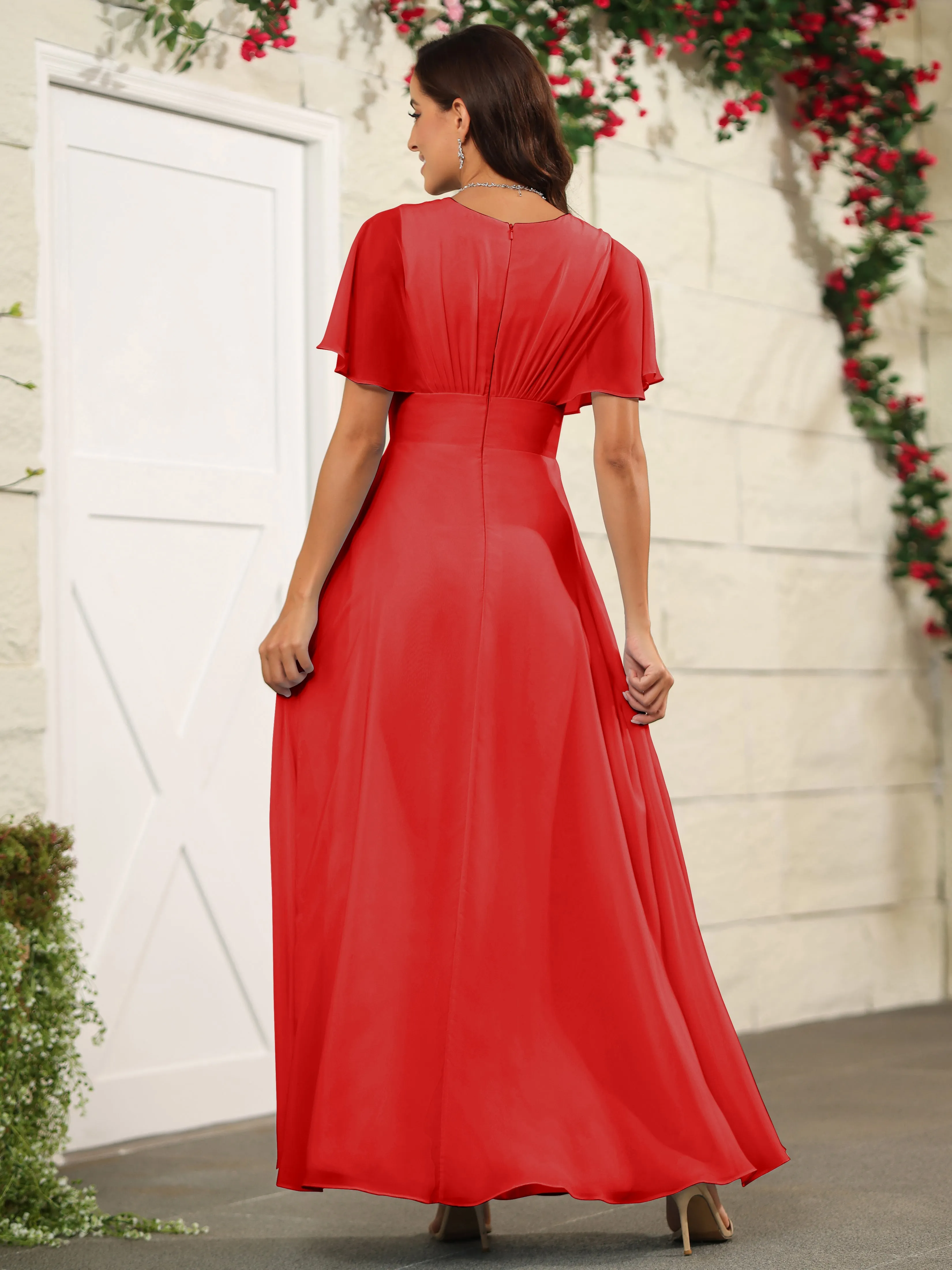 Chiffon Short Sleeves V-Neck Bridesmaid Dress with Slit