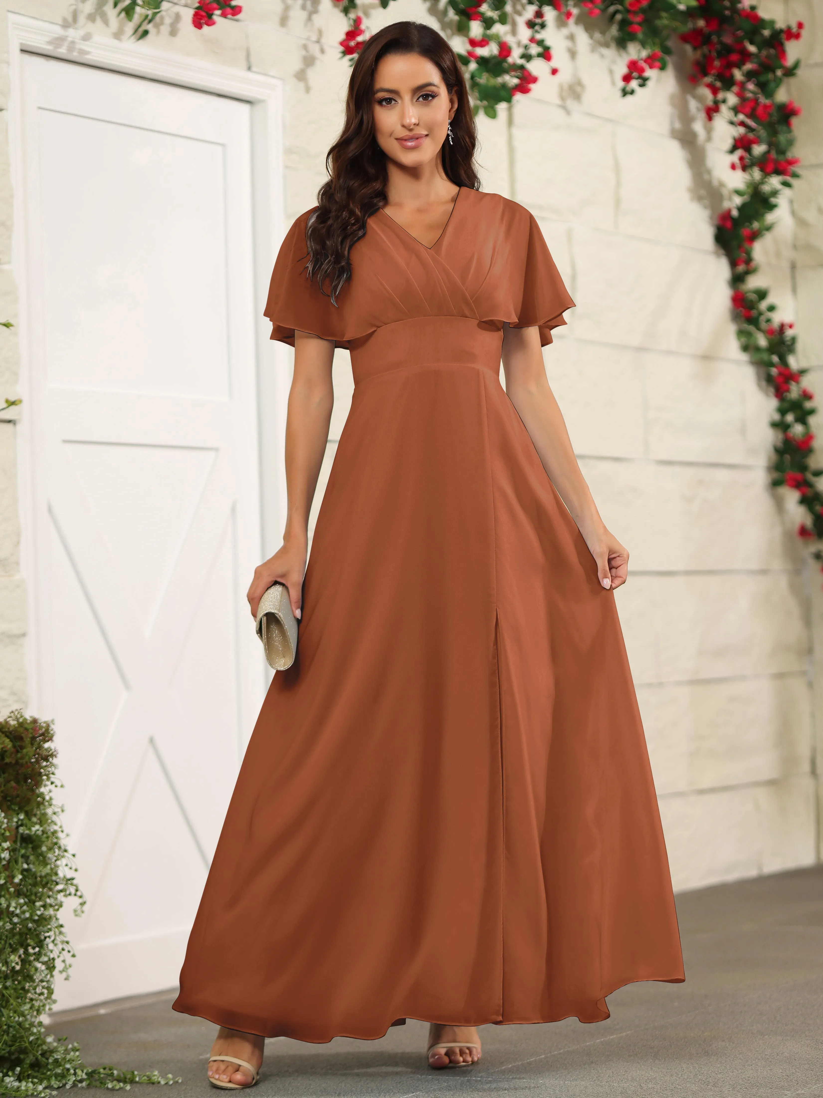 Chiffon Short Sleeves V-Neck Bridesmaid Dress with Slit