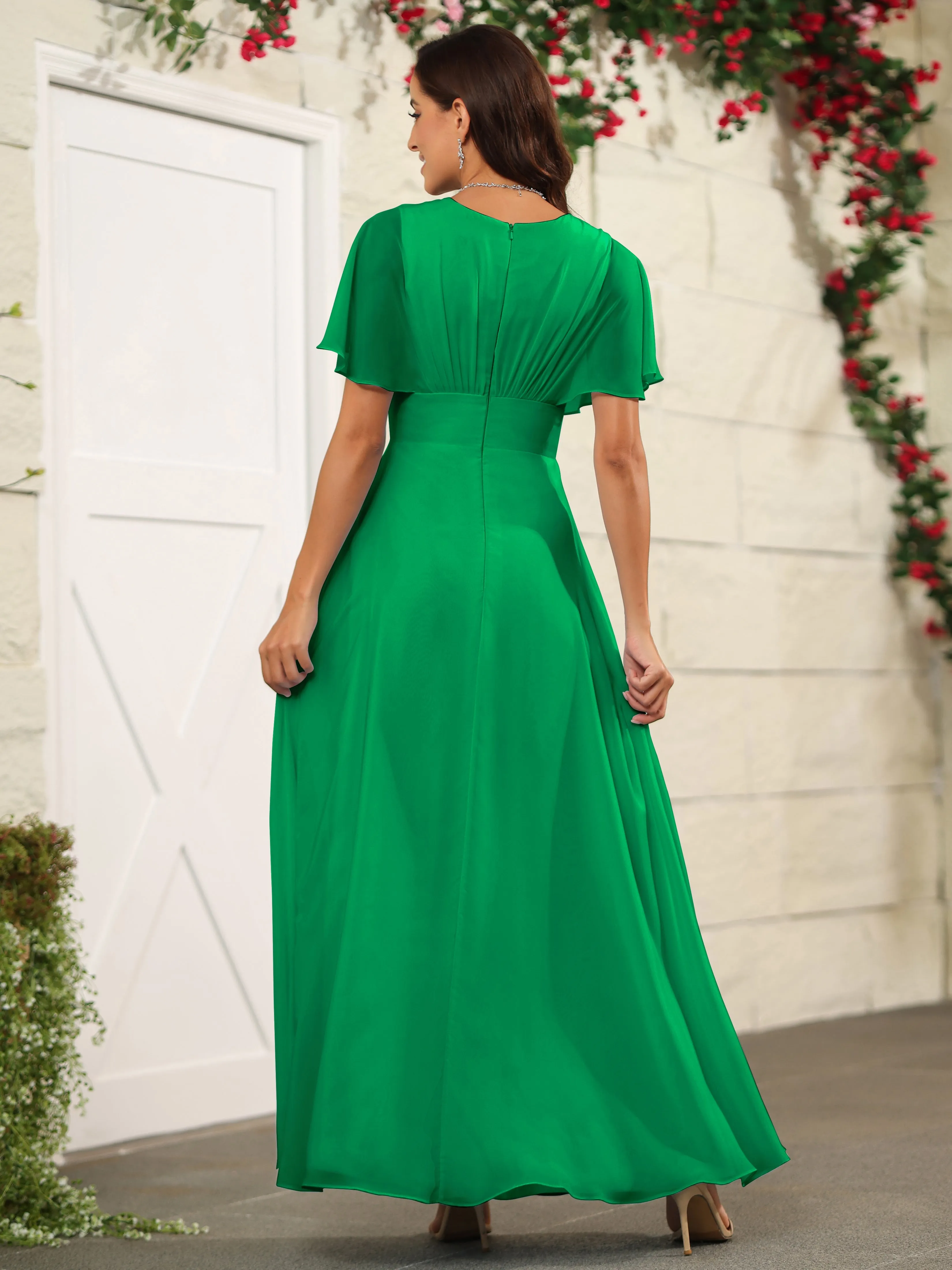 Chiffon Short Sleeves V-Neck Bridesmaid Dress with Slit