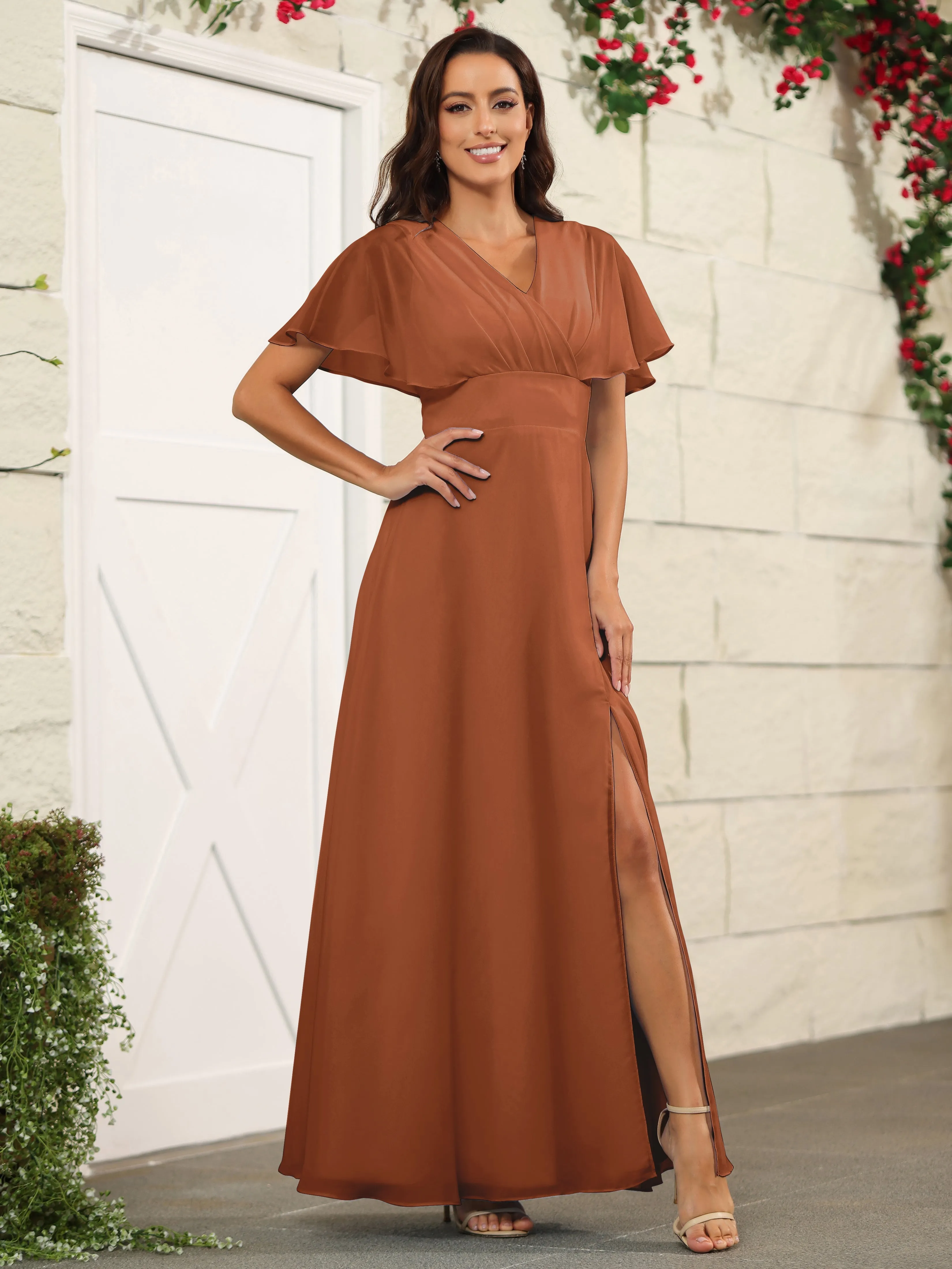 Chiffon Short Sleeves V-Neck Bridesmaid Dress with Slit