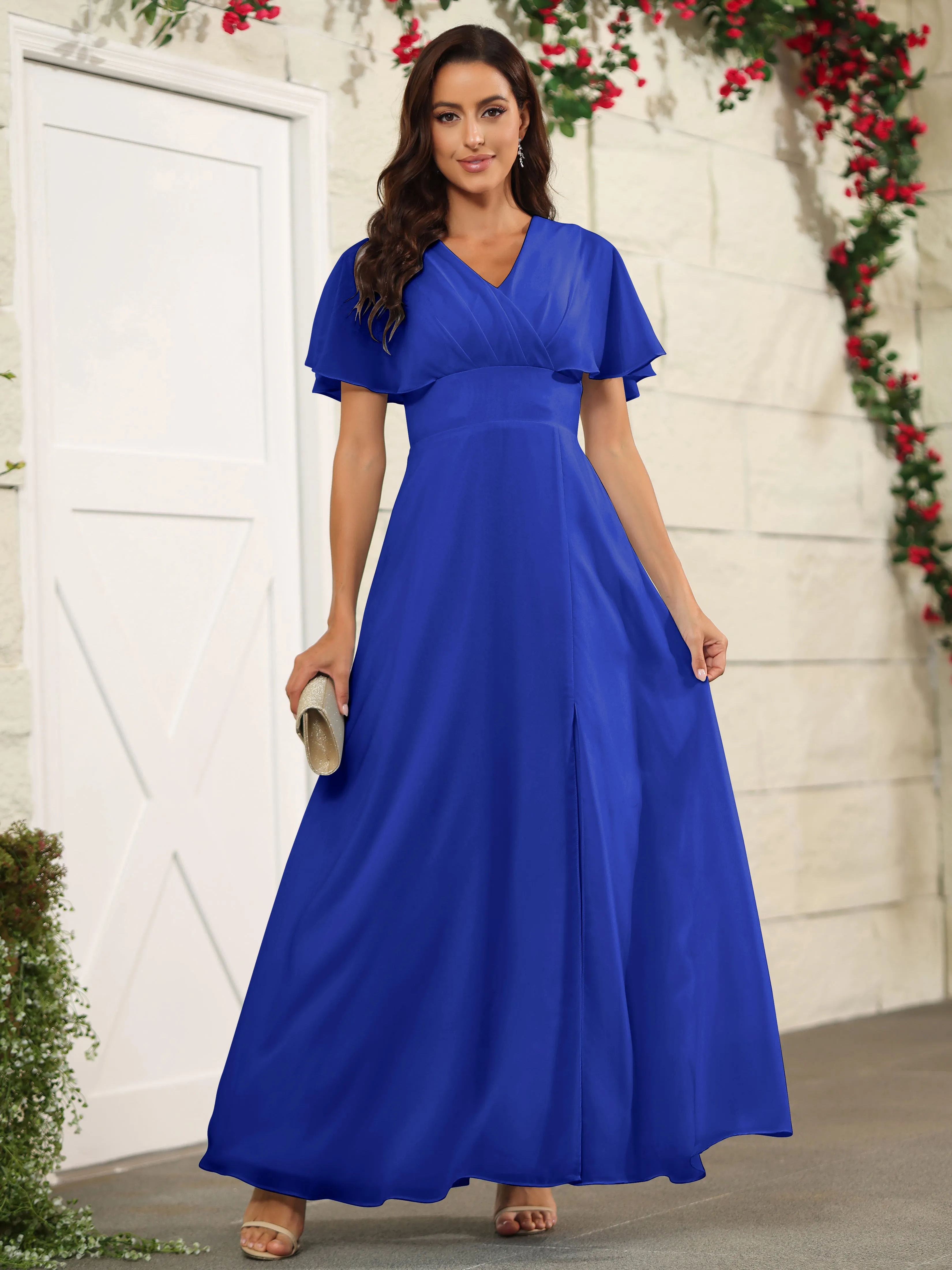 Chiffon Short Sleeves V-Neck Bridesmaid Dress with Slit