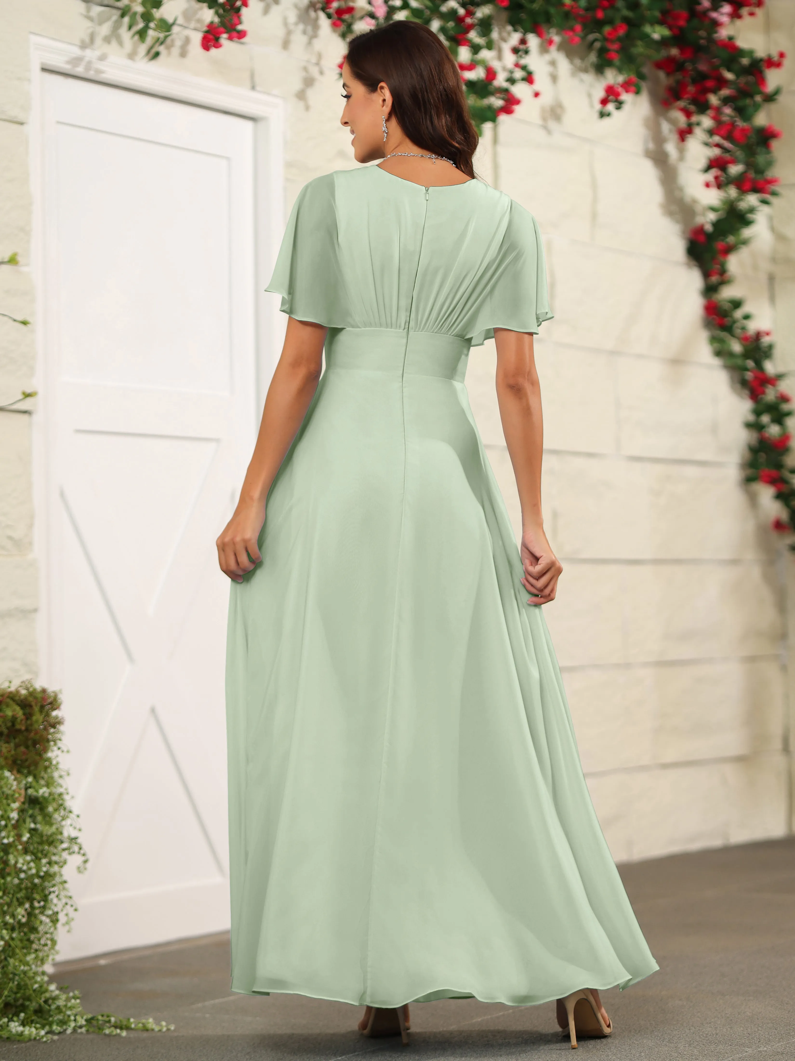 Chiffon Short Sleeves V-Neck Bridesmaid Dress with Slit