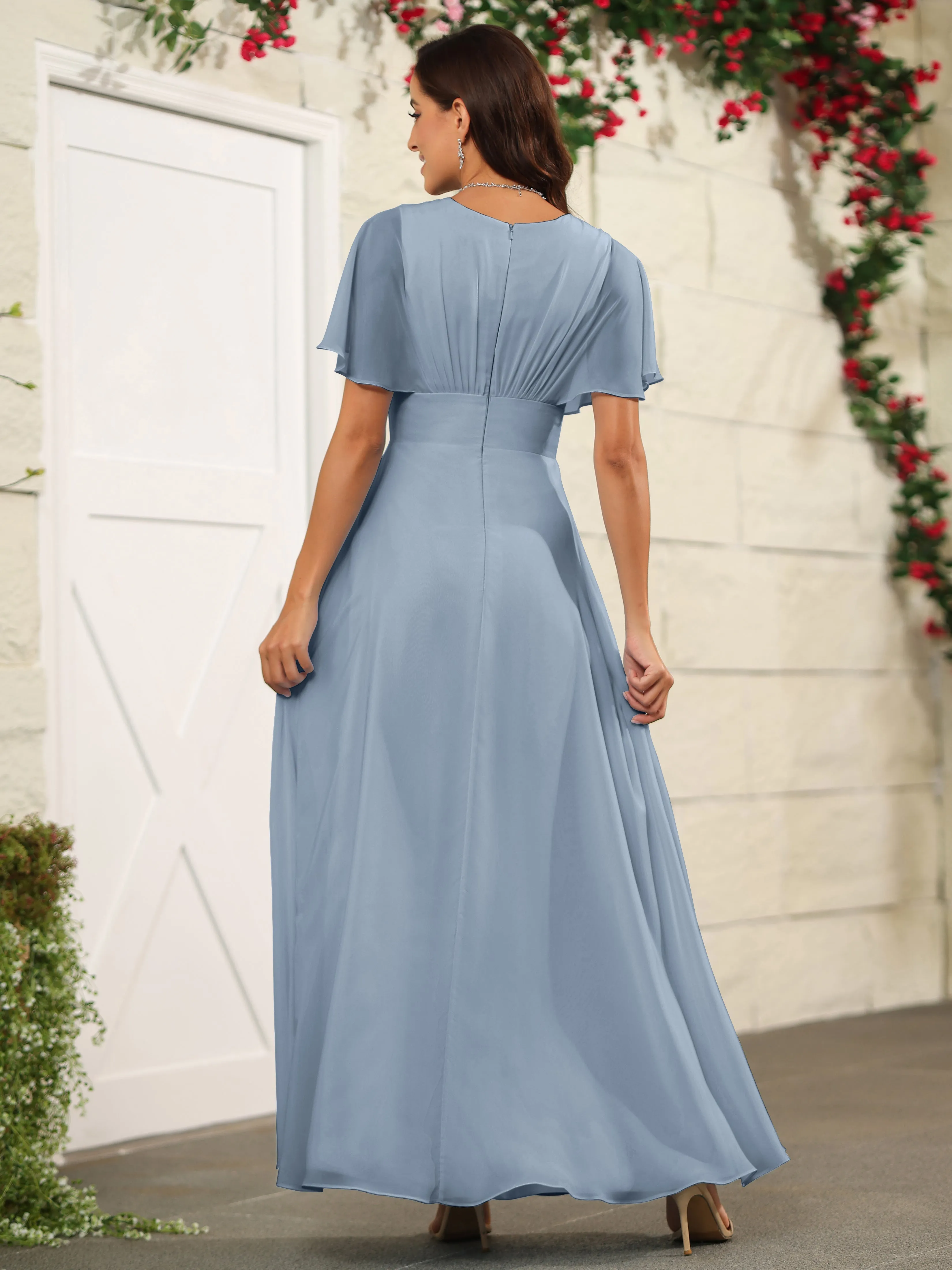 Chiffon Short Sleeves V-Neck Bridesmaid Dress with Slit