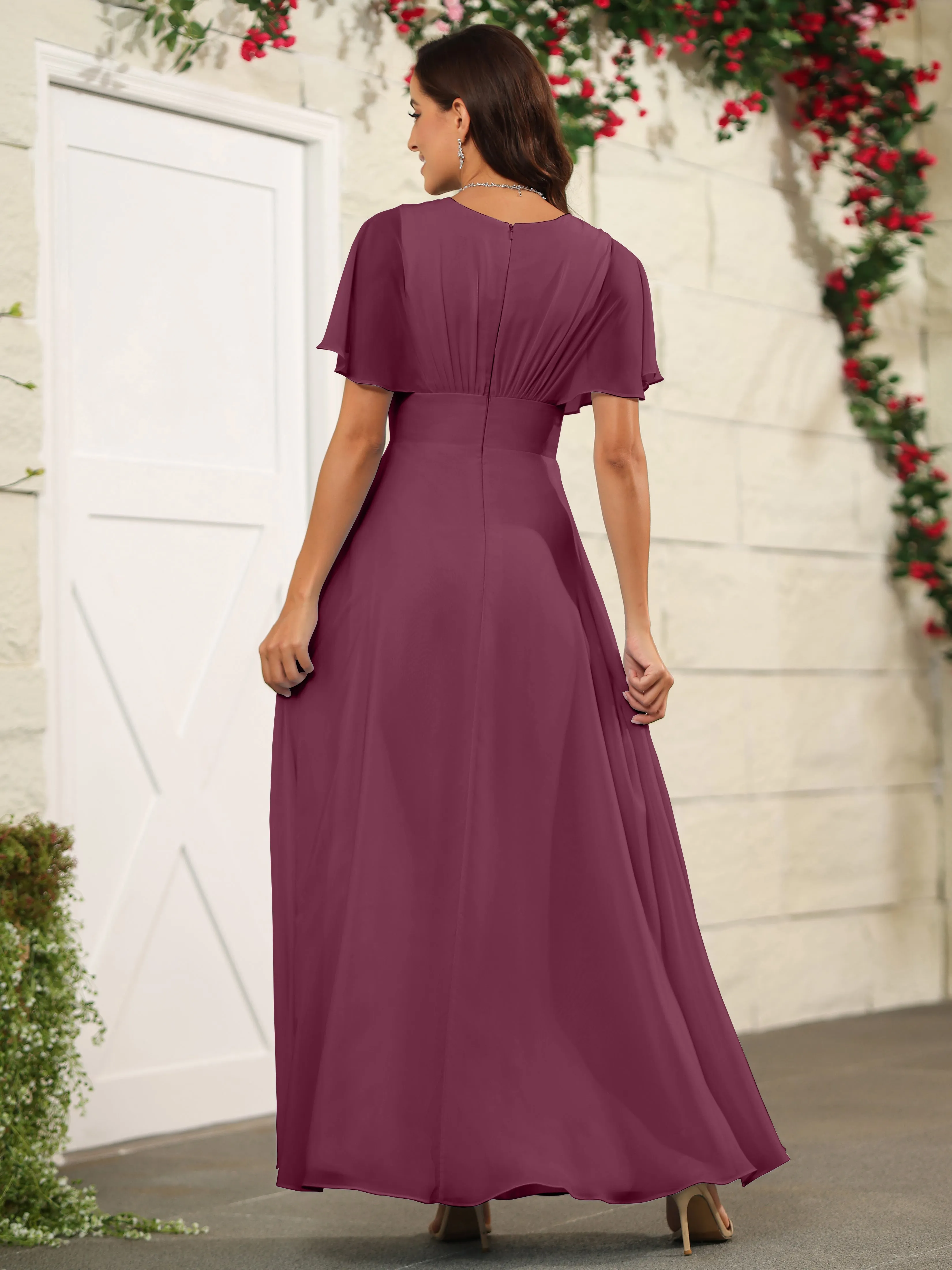 Chiffon Short Sleeves V-Neck Bridesmaid Dress with Slit