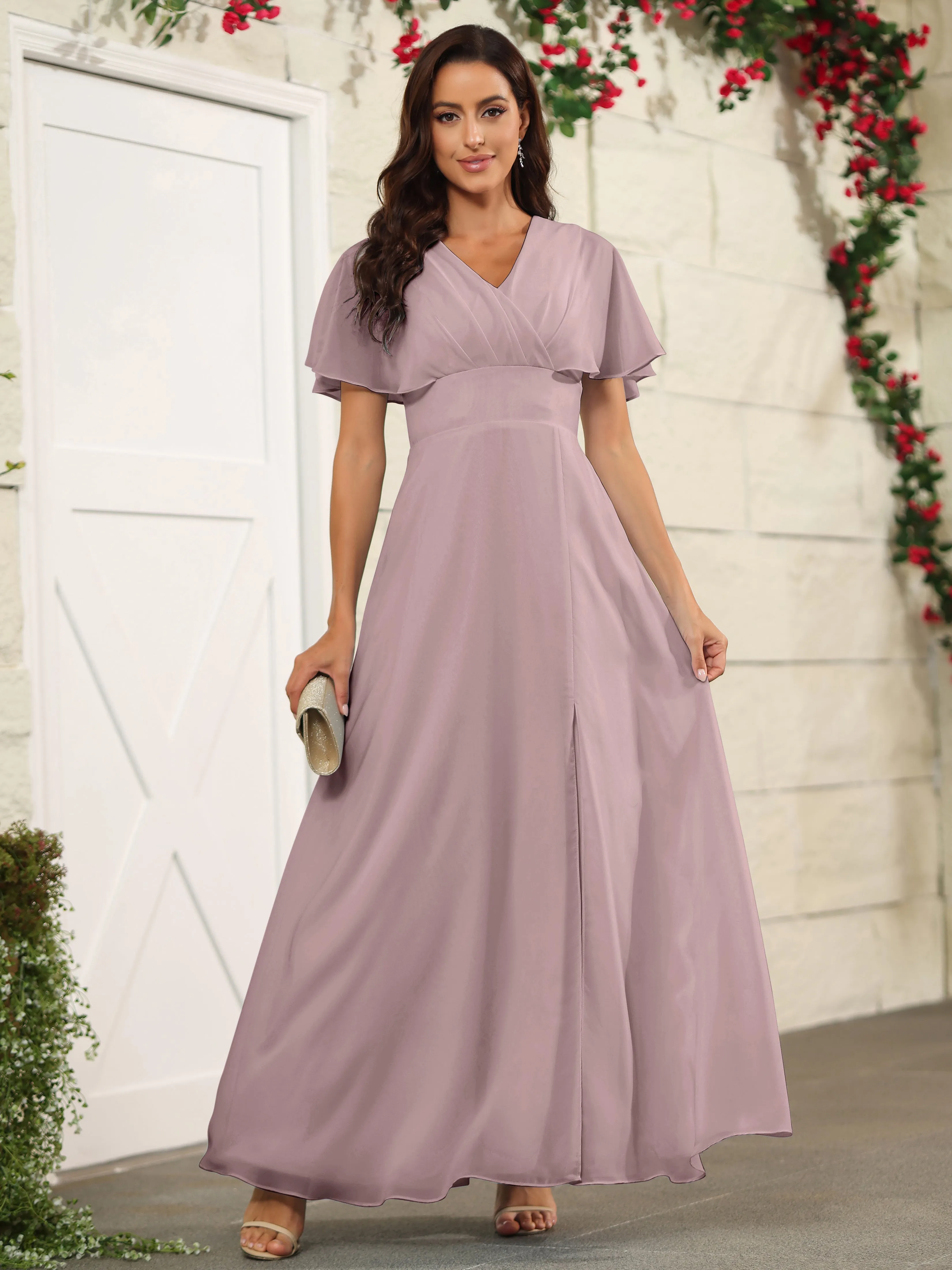 Chiffon Short Sleeves V-Neck Bridesmaid Dress with Slit