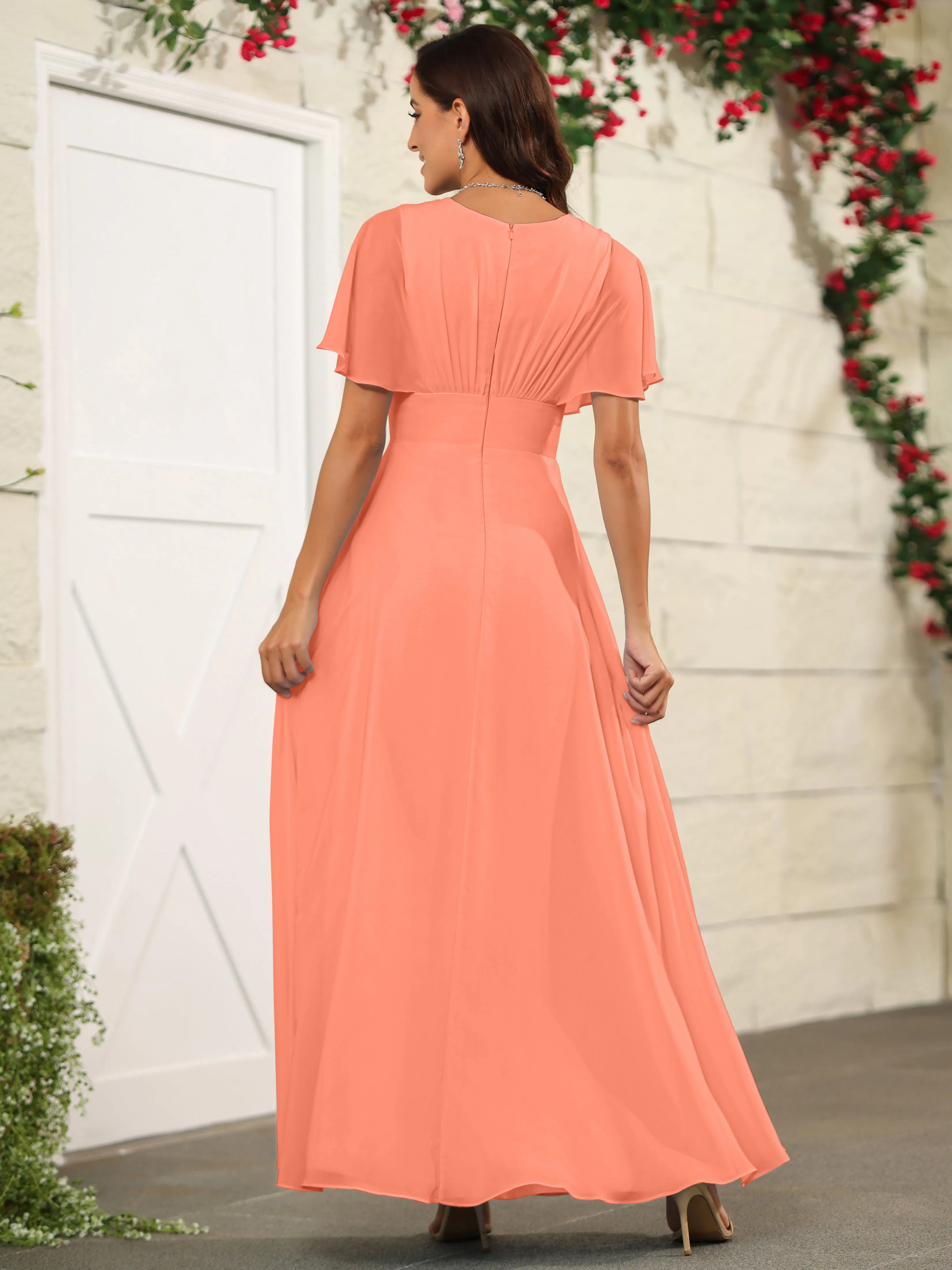 Chiffon Short Sleeves V-Neck Bridesmaid Dress with Slit
