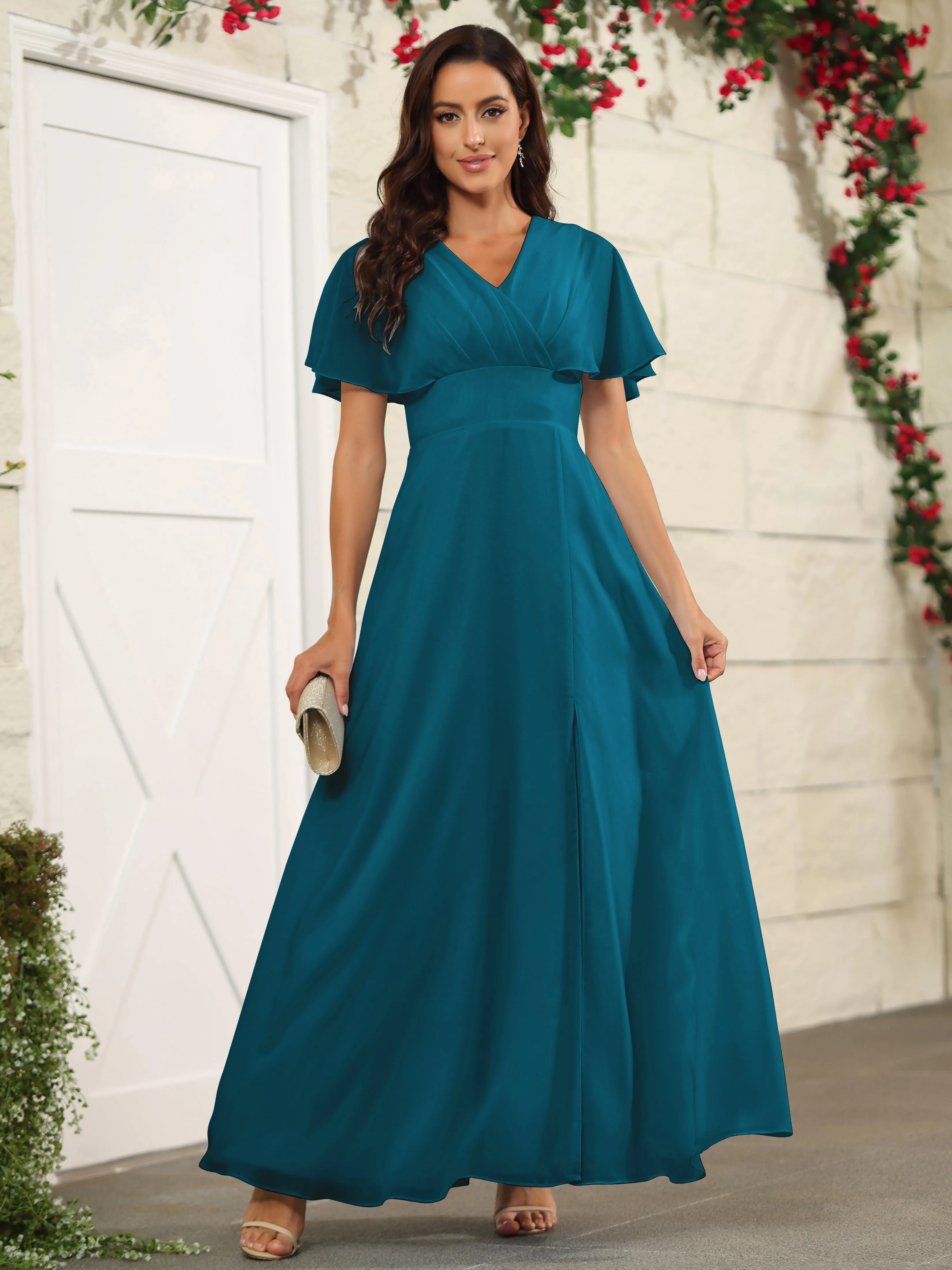 Chiffon Short Sleeves V-Neck Bridesmaid Dress with Slit