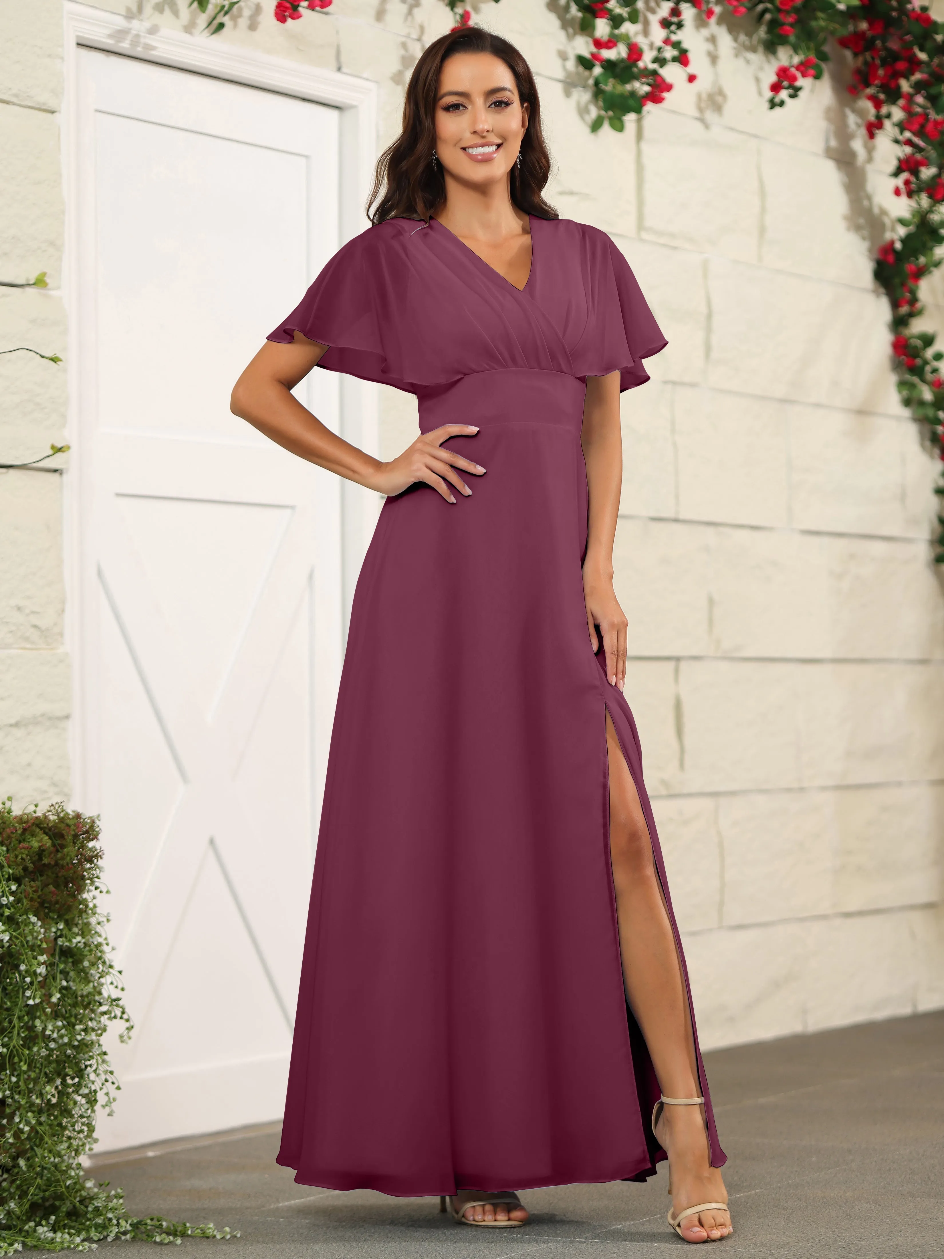 Chiffon Short Sleeves V-Neck Bridesmaid Dress with Slit