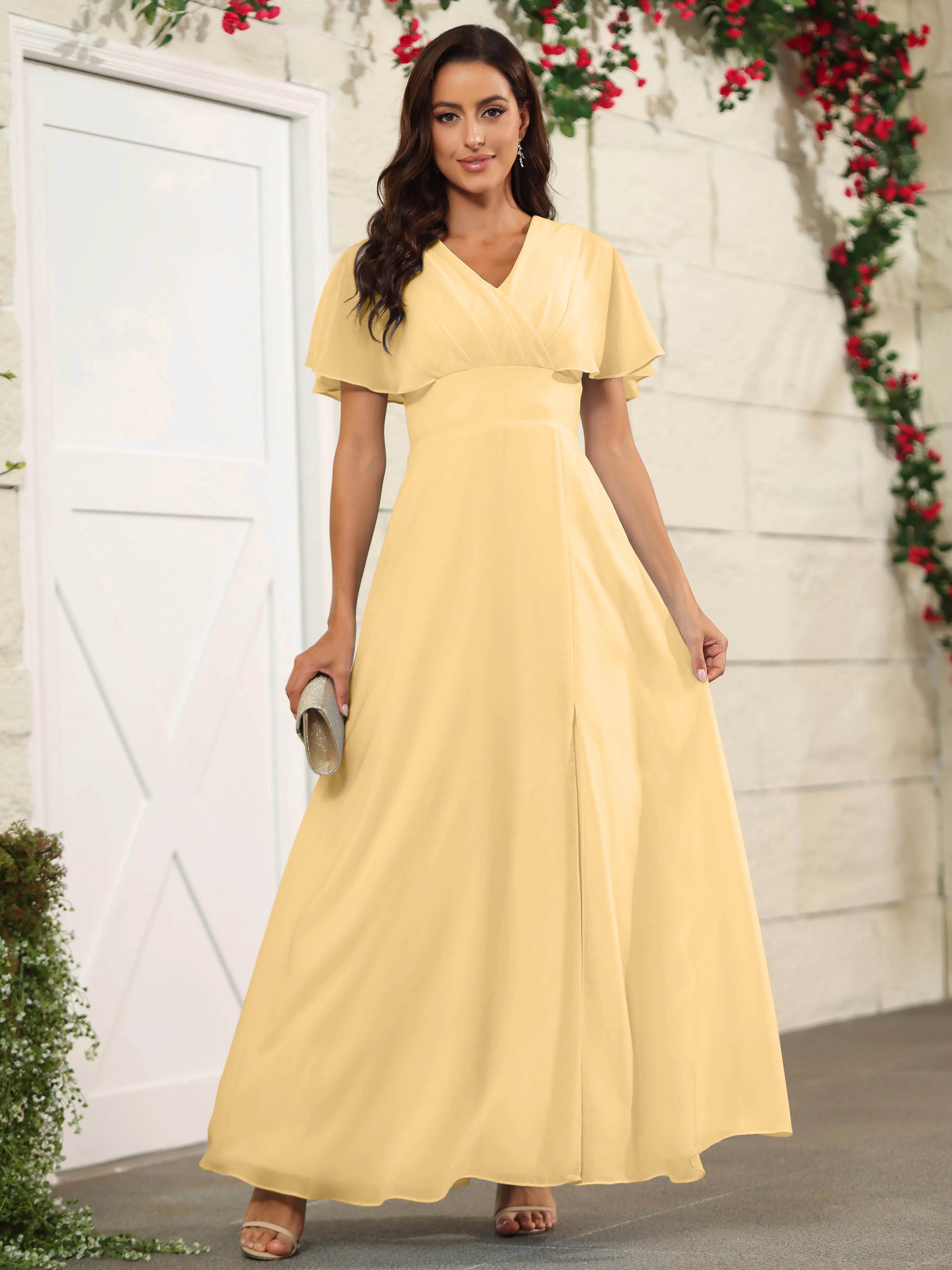 Chiffon Short Sleeves V-Neck Bridesmaid Dress with Slit