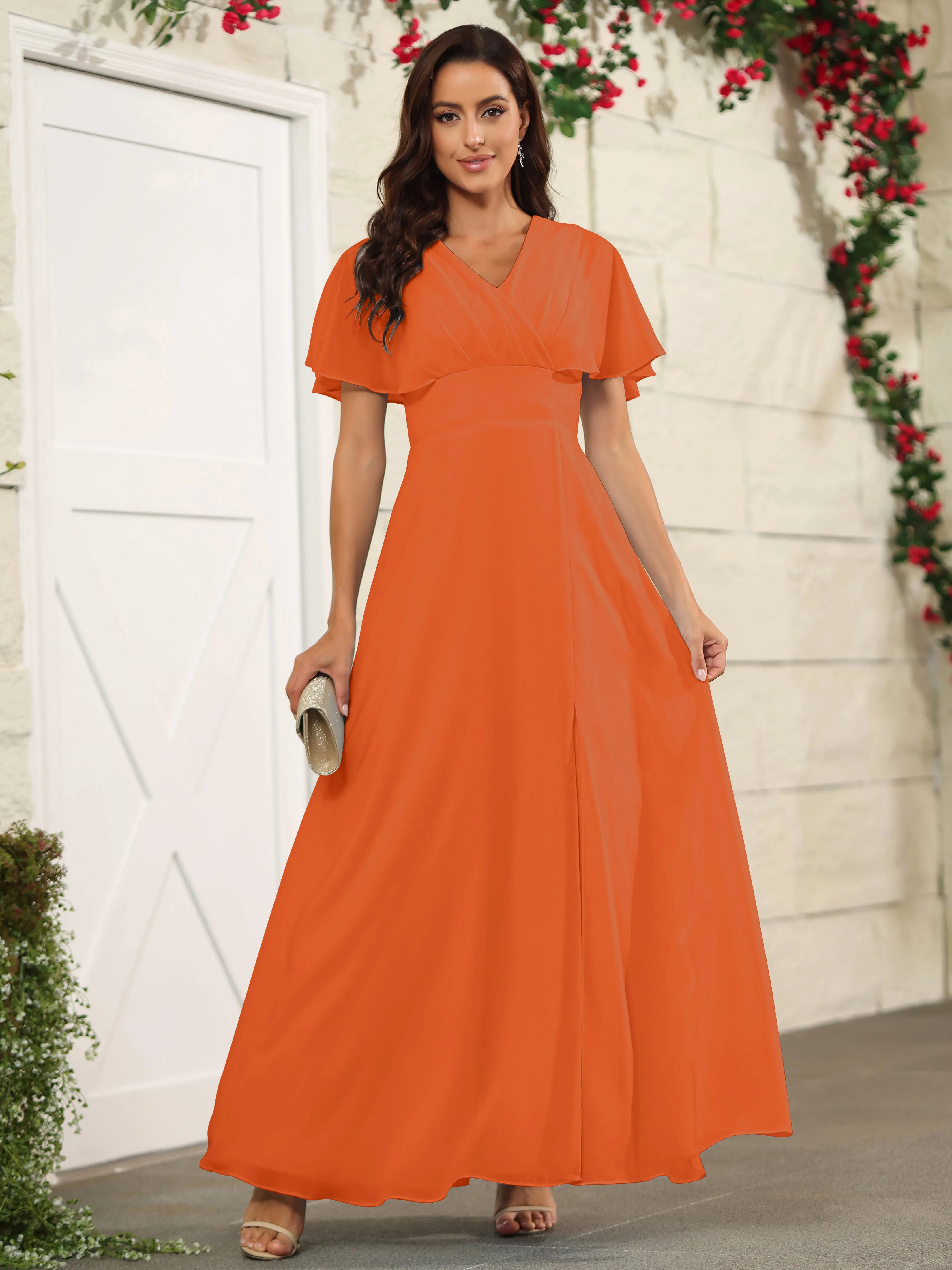 Chiffon Short Sleeves V-Neck Bridesmaid Dress with Slit