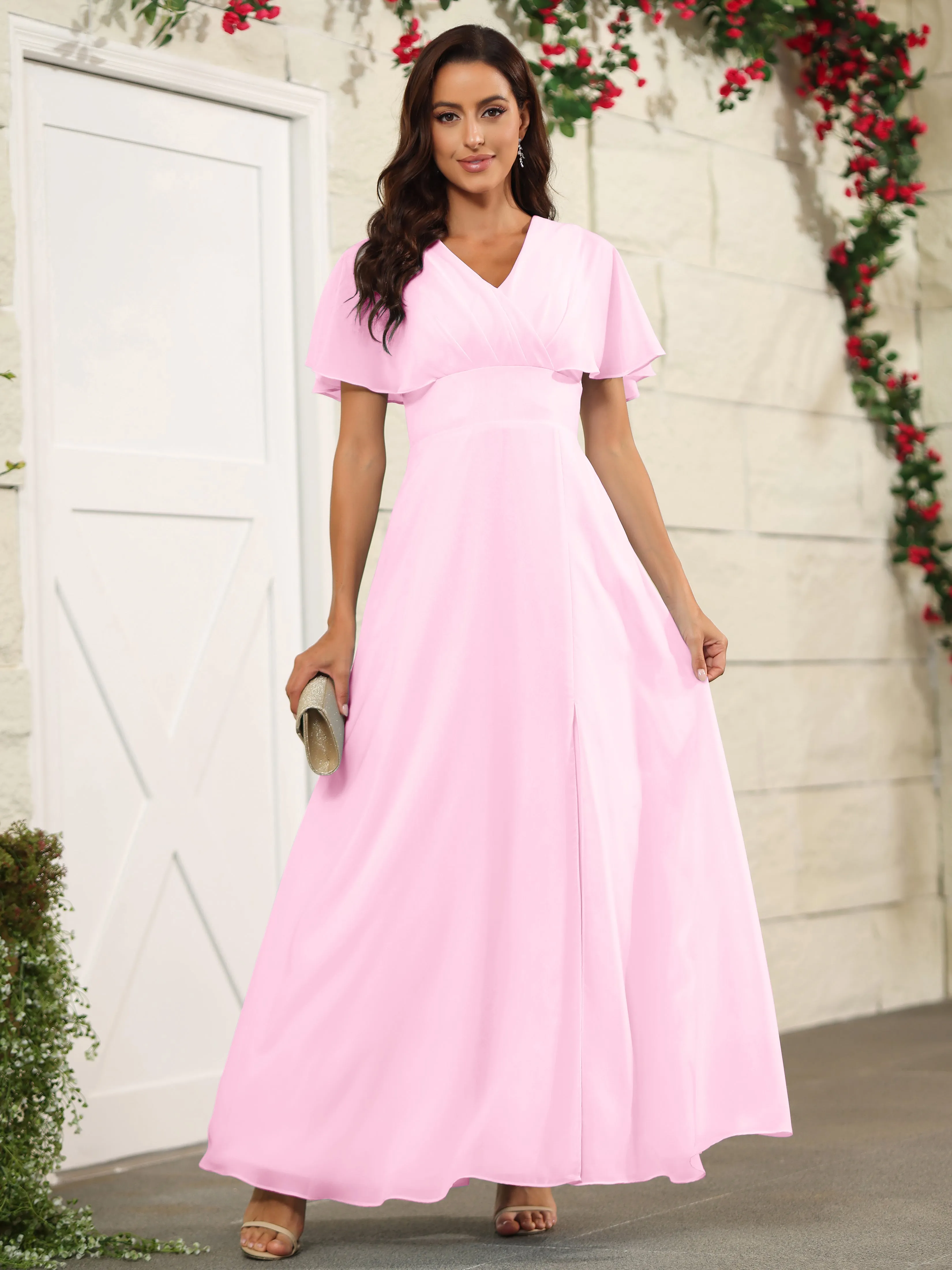 Chiffon Short Sleeves V-Neck Bridesmaid Dress with Slit