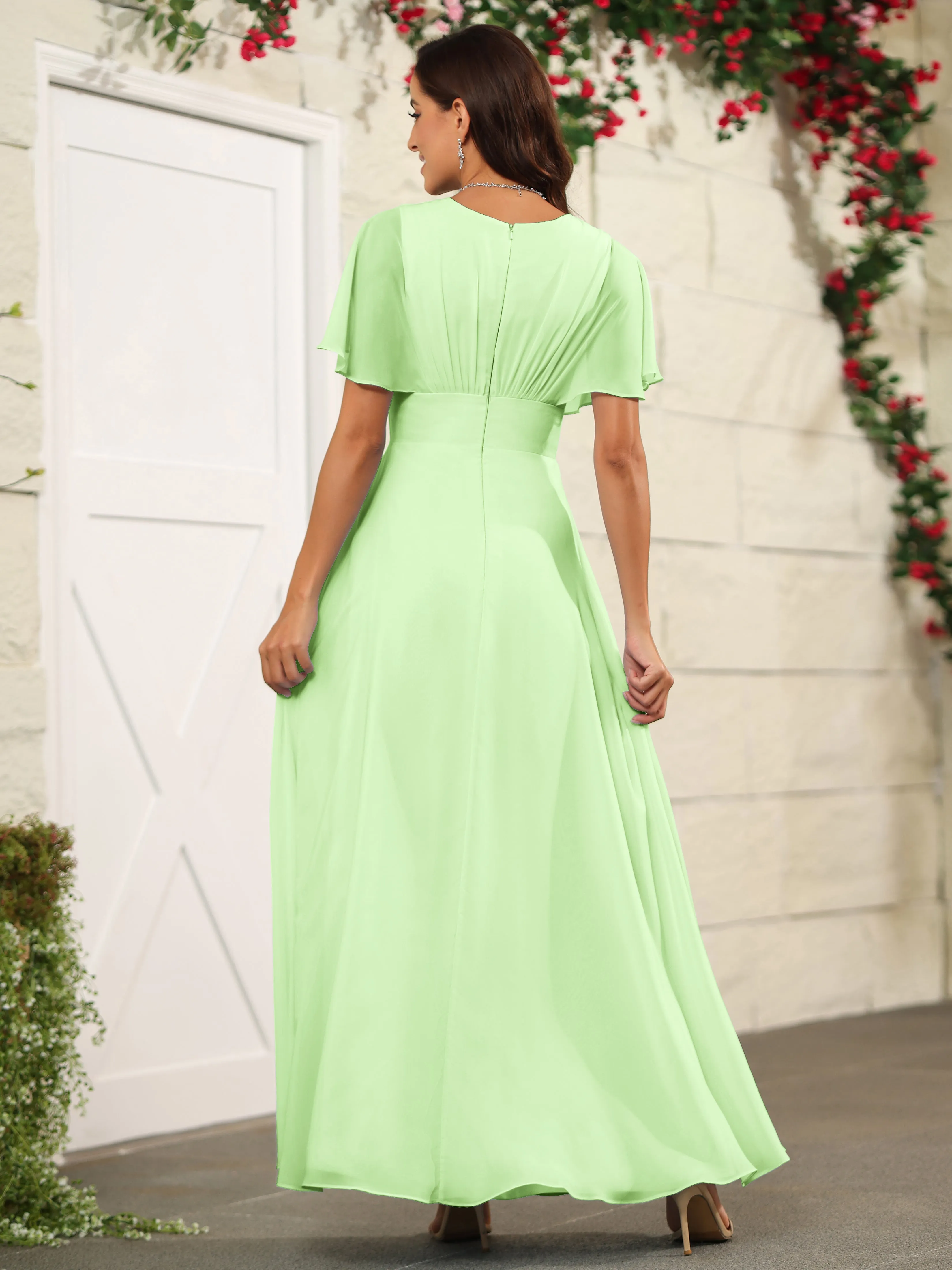 Chiffon Short Sleeves V-Neck Bridesmaid Dress with Slit