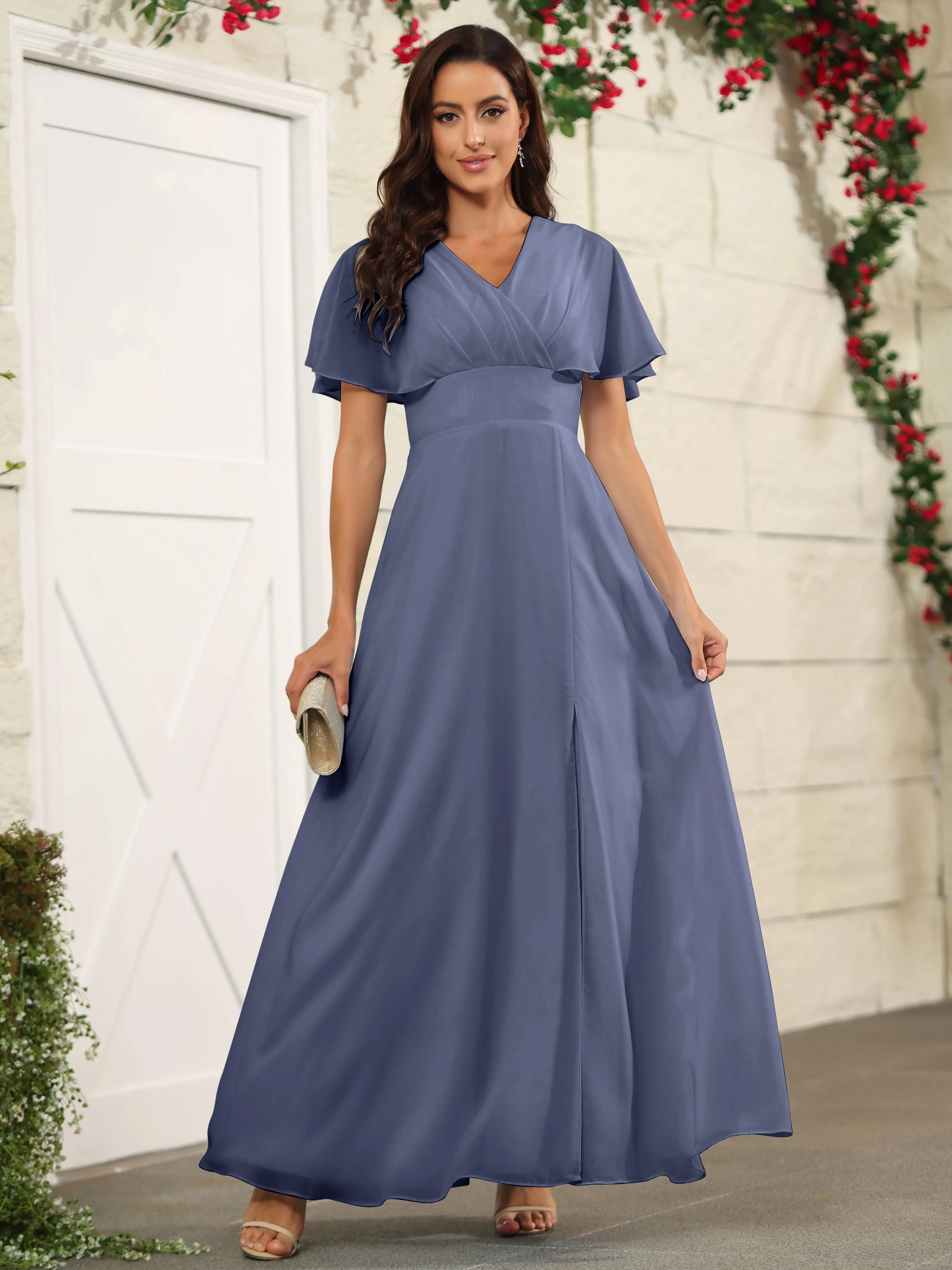 Chiffon Short Sleeves V-Neck Bridesmaid Dress with Slit