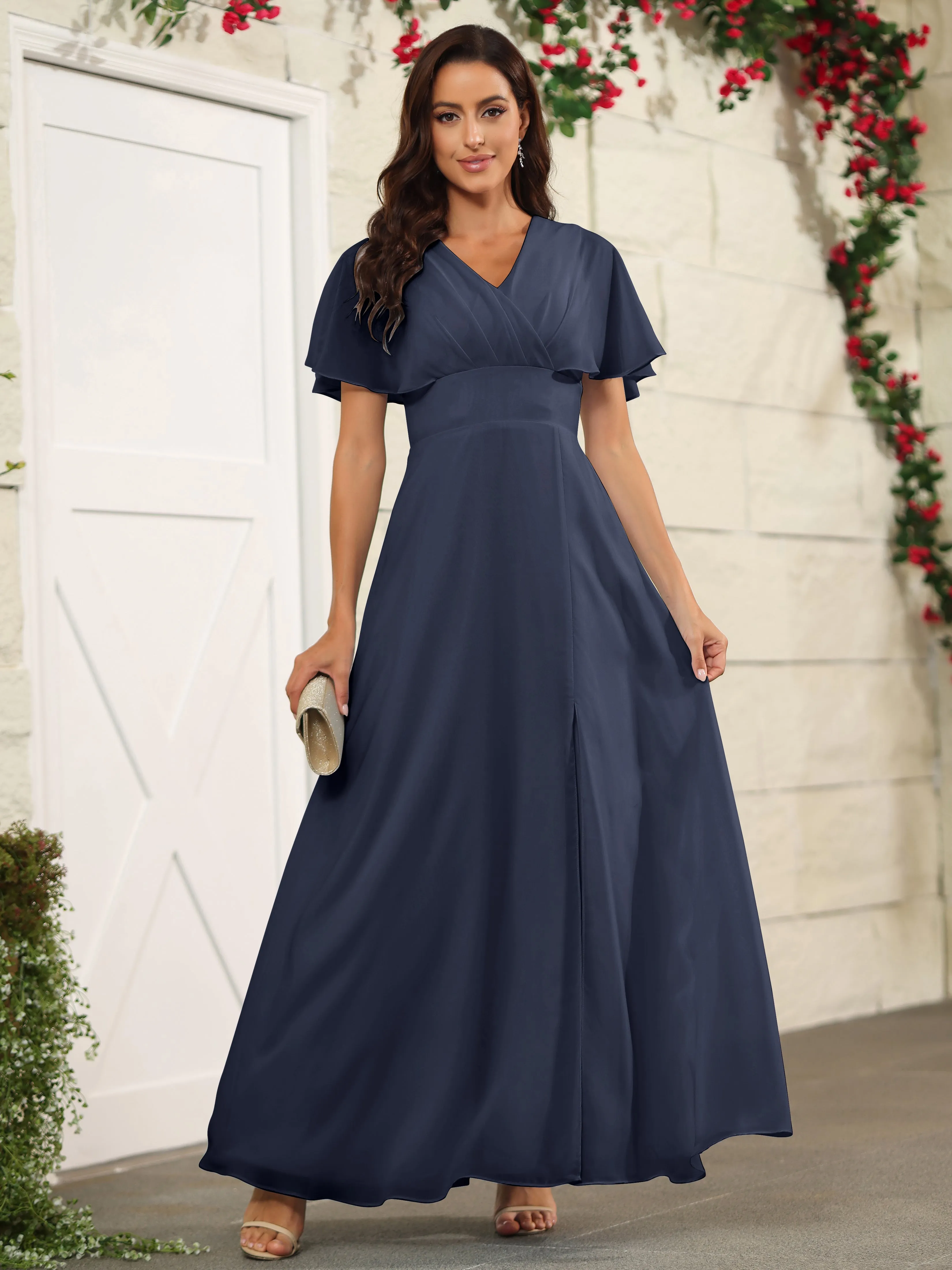 Chiffon Short Sleeves V-Neck Bridesmaid Dress with Slit