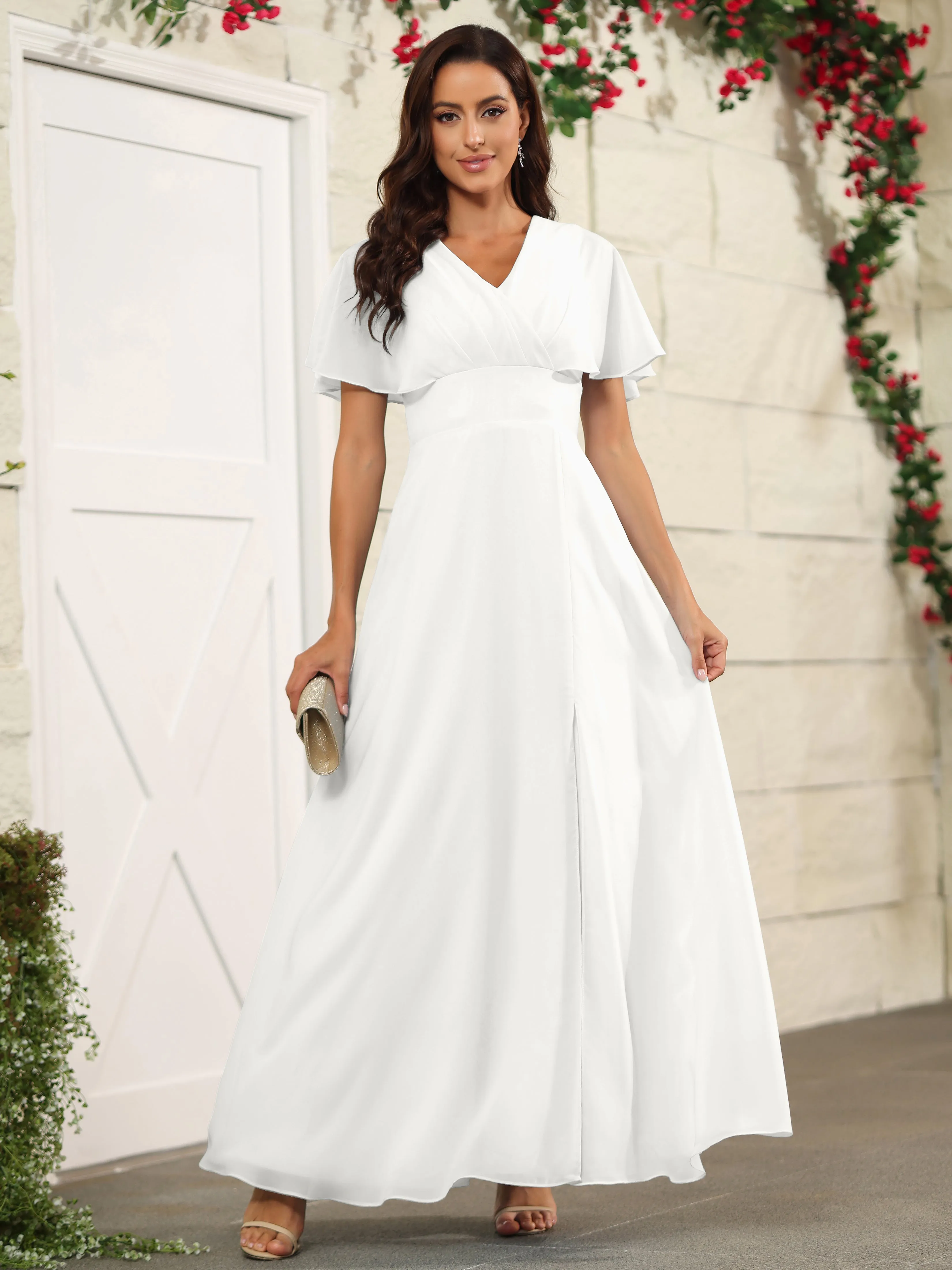Chiffon Short Sleeves V-Neck Bridesmaid Dress with Slit