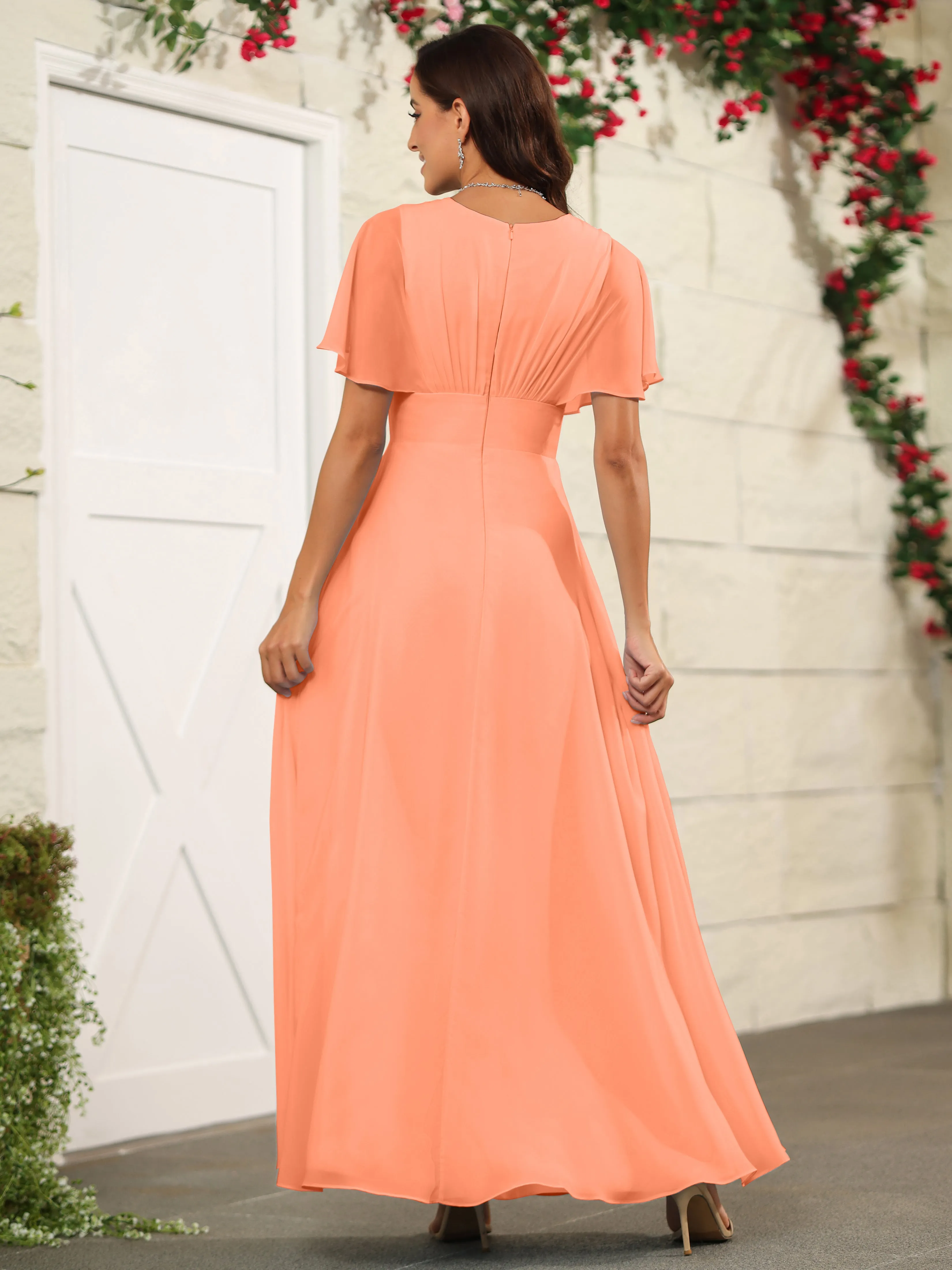 Chiffon Short Sleeves V-Neck Bridesmaid Dress with Slit