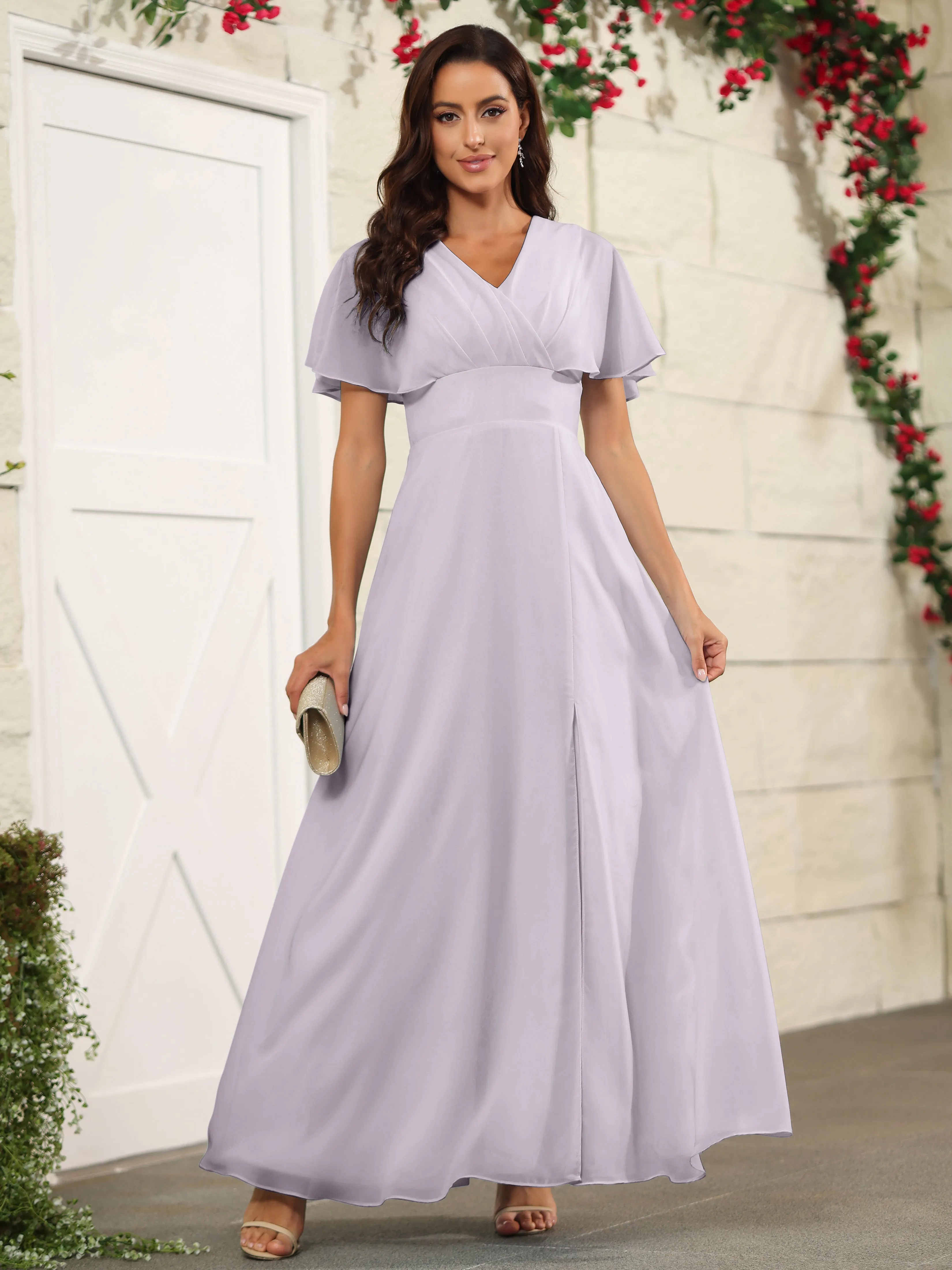 Chiffon Short Sleeves V-Neck Bridesmaid Dress with Slit