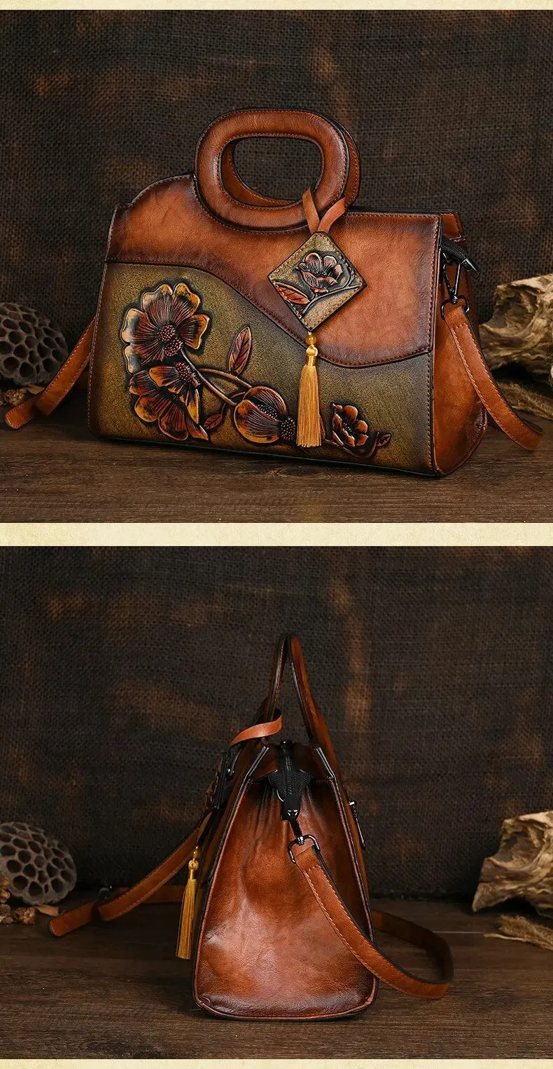 Christianartbag Handmade Leather Bag, Luxury Handbag Vintage Handmade Embossed Women Leather Bag Versatile Female Shoulder & Crossbody Bags, CABHMB01141023