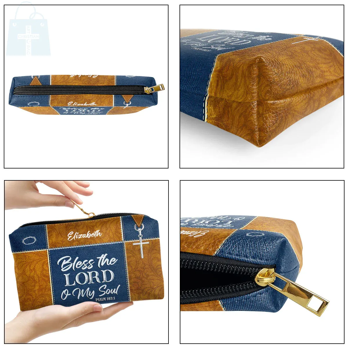 Christianartbag Makeup Cosmetic Bag, Bless The Lord O My Soul, Christmas Gift, Personalized Leather Cosmetic Bag.