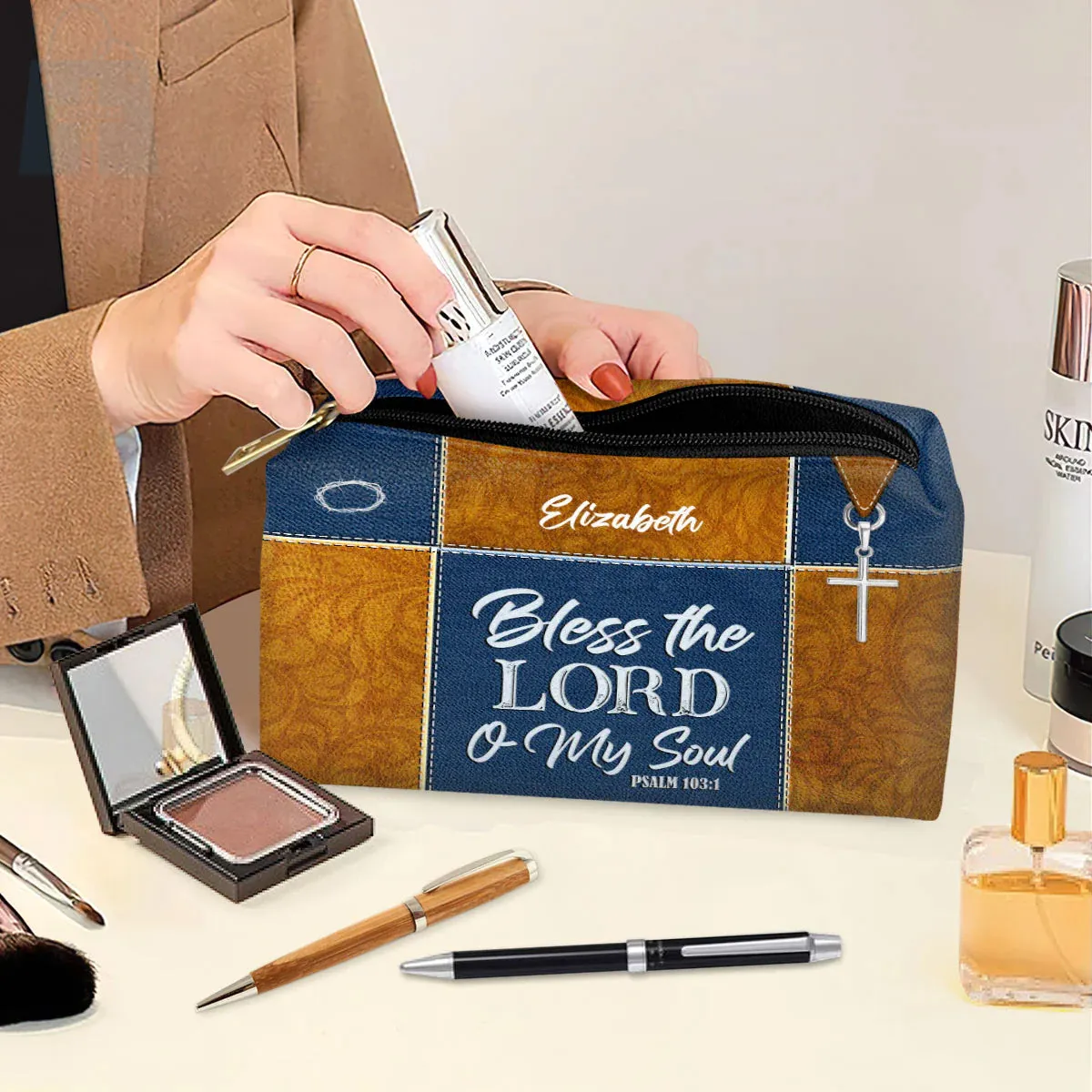 Christianartbag Makeup Cosmetic Bag, Bless The Lord O My Soul, Christmas Gift, Personalized Leather Cosmetic Bag.