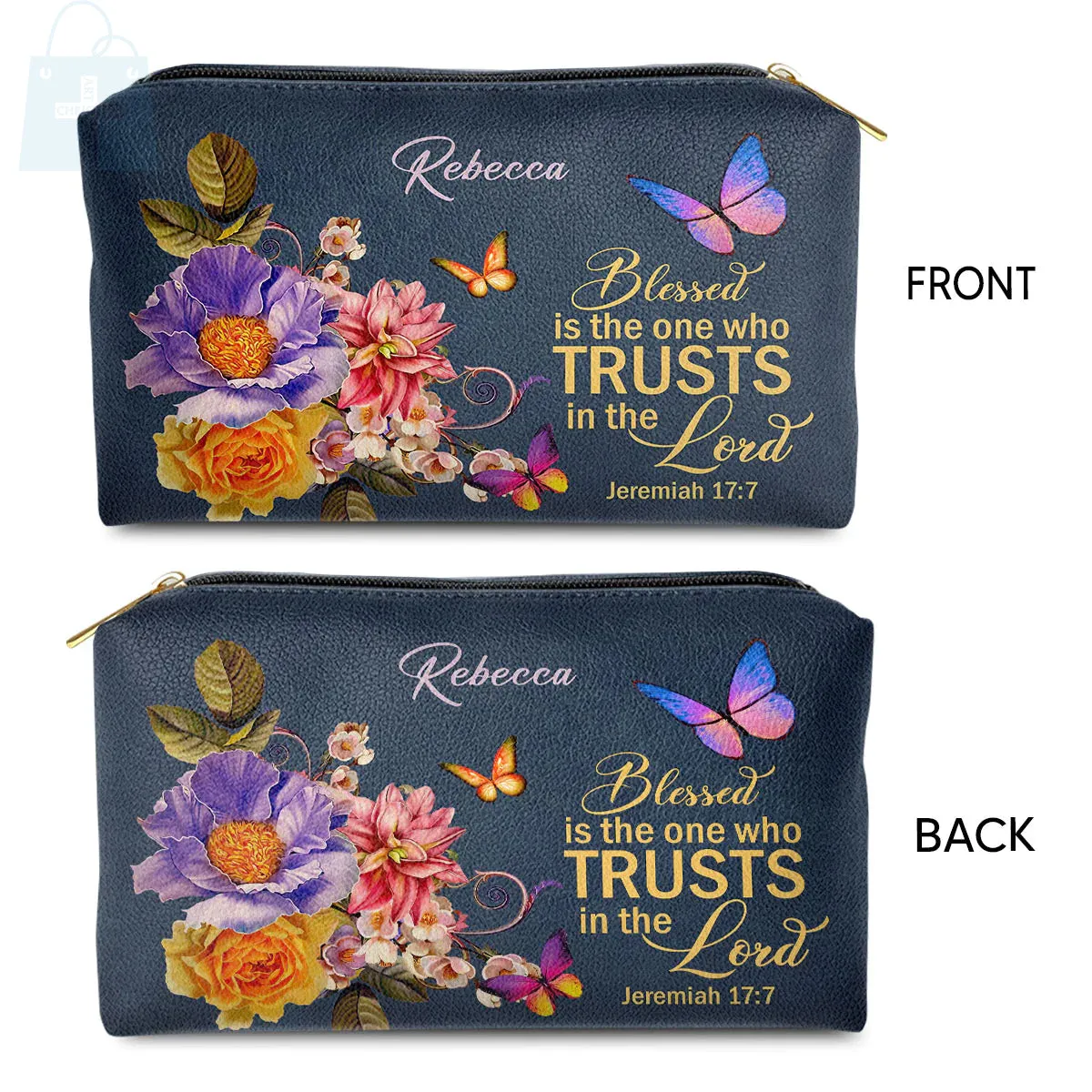 Christianartbag Makeup Cosmetic Bag, Blessed Is The Woman Who Trusts In The Lord Jeremiah 17:7, Christmas Gift, Personalized Leather Cosmetic Bag.