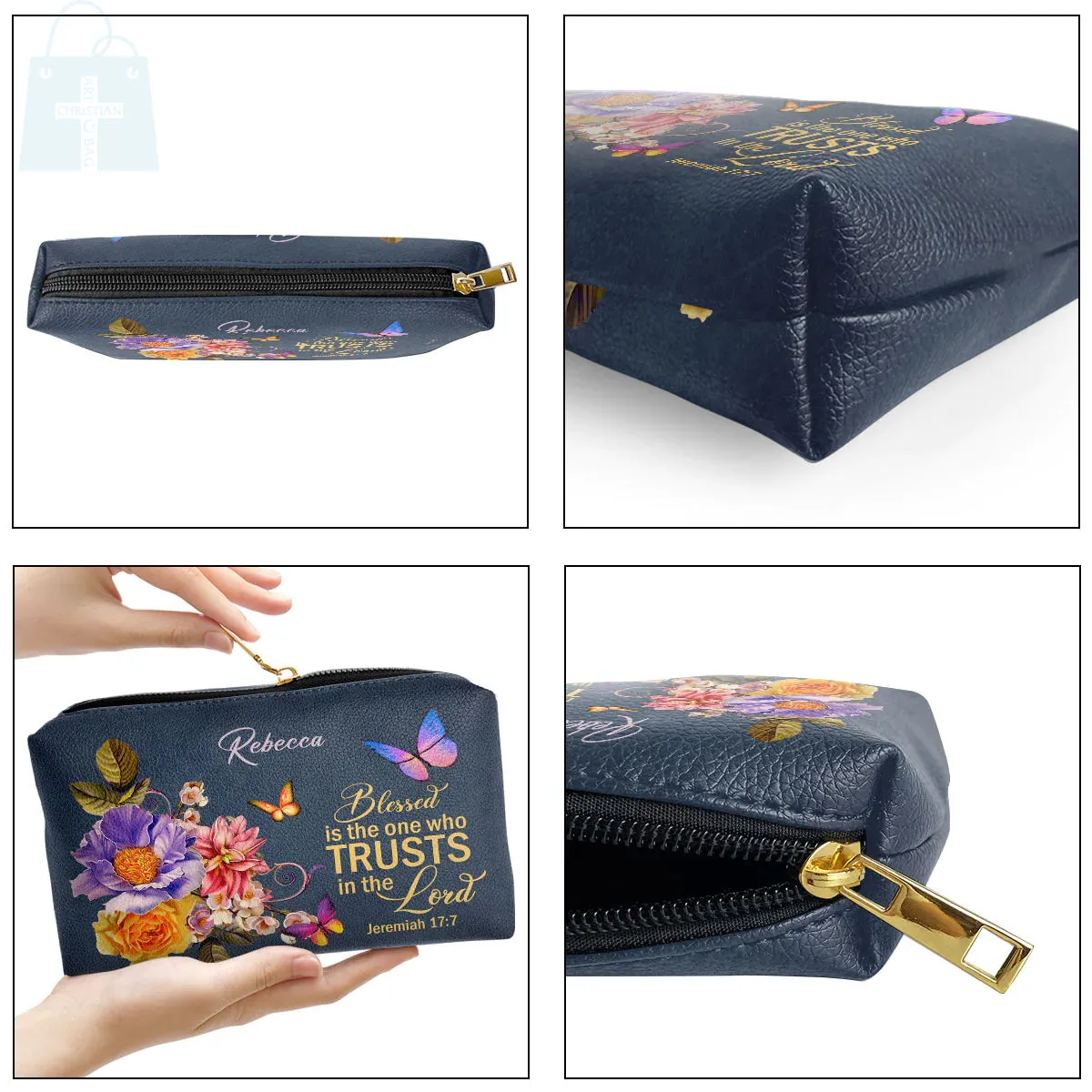 Christianartbag Makeup Cosmetic Bag, Blessed Is The Woman Who Trusts In The Lord Jeremiah 17:7, Christmas Gift, Personalized Leather Cosmetic Bag.