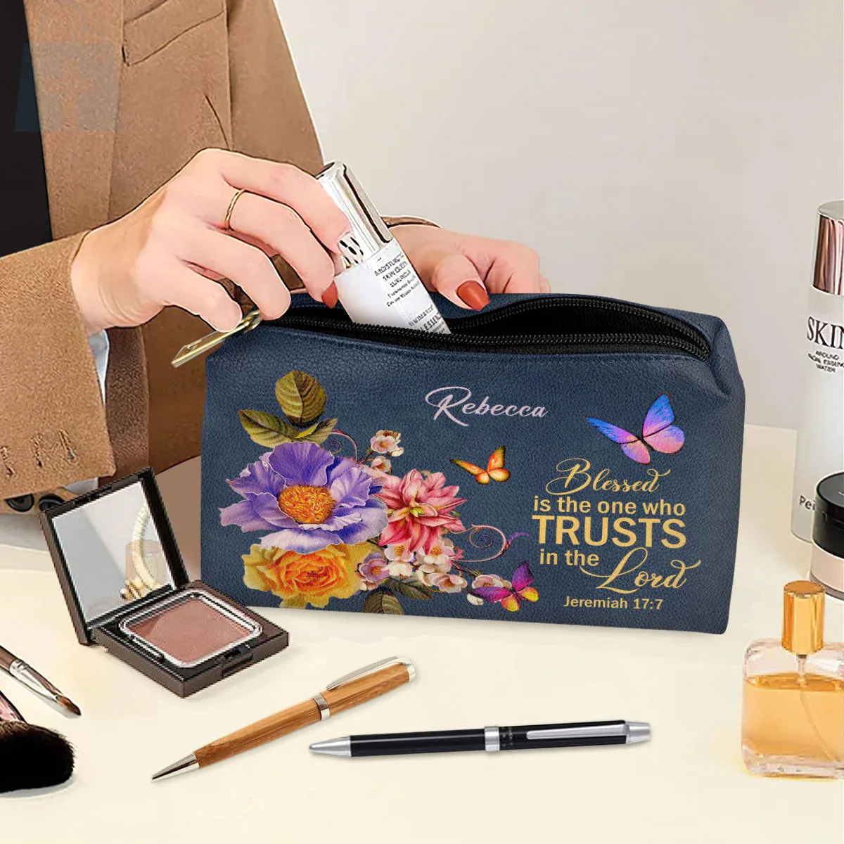 Christianartbag Makeup Cosmetic Bag, Blessed Is The Woman Who Trusts In The Lord Jeremiah 17:7, Christmas Gift, Personalized Leather Cosmetic Bag.