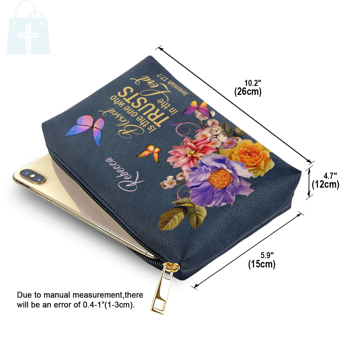 Christianartbag Makeup Cosmetic Bag, Blessed Is The Woman Who Trusts In The Lord Jeremiah 17:7, Christmas Gift, Personalized Leather Cosmetic Bag.