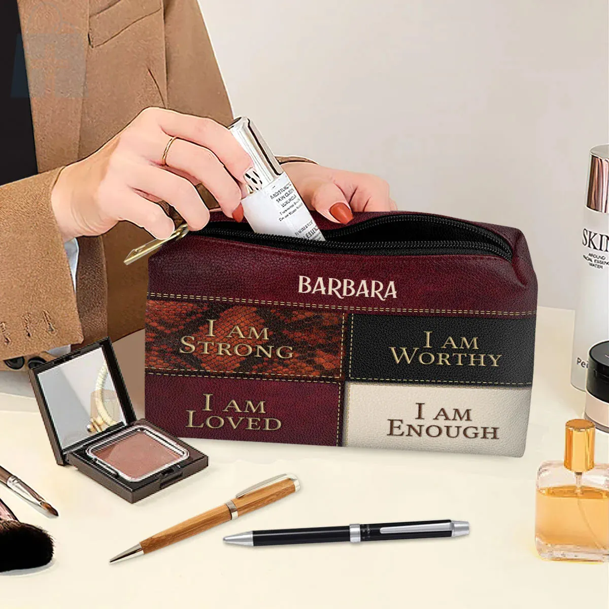 Christianartbag Makeup Cosmetic Bag, I Am Strong, Christmas Gift, Personalized Leather Cosmetic Bag.