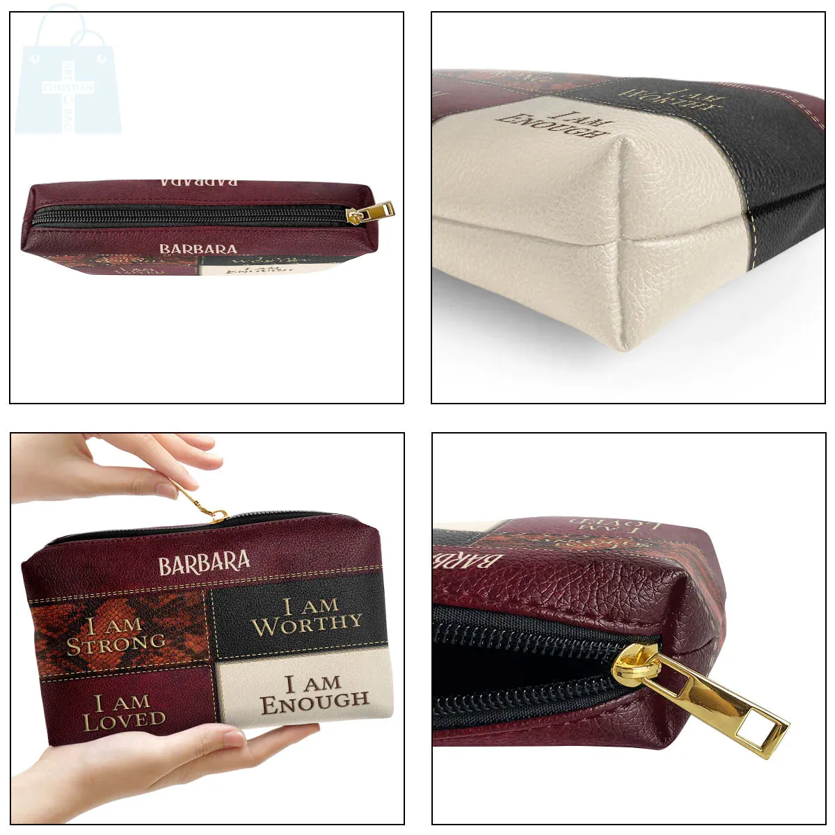 Christianartbag Makeup Cosmetic Bag, I Am Strong, Christmas Gift, Personalized Leather Cosmetic Bag.