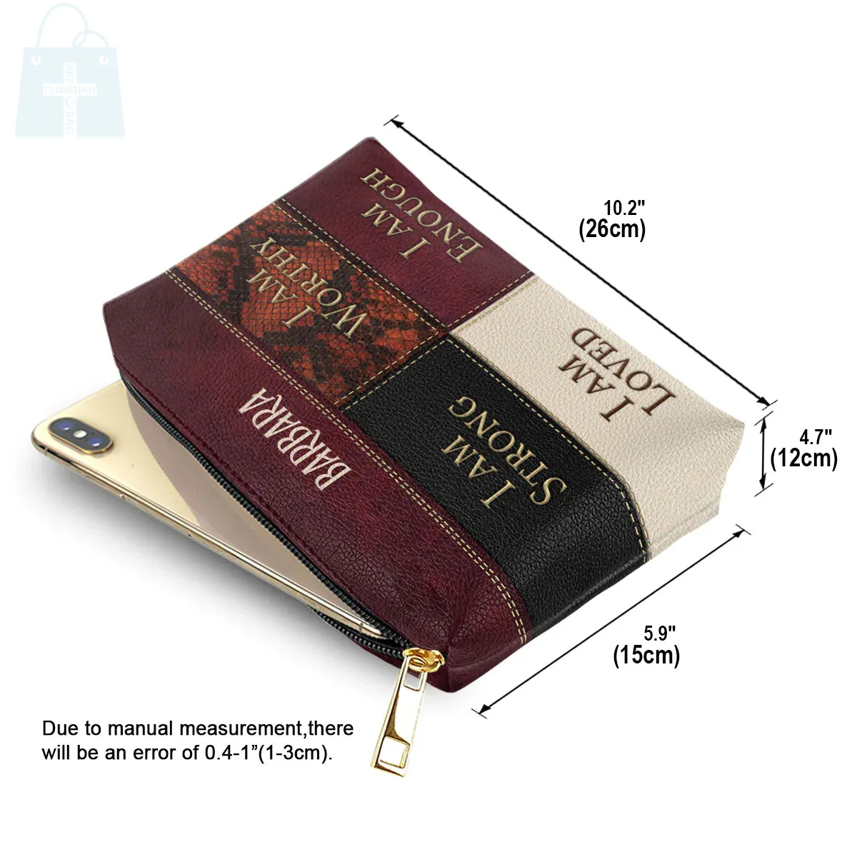 Christianartbag Makeup Cosmetic Bag, I Am Strong, Christmas Gift, Personalized Leather Cosmetic Bag.